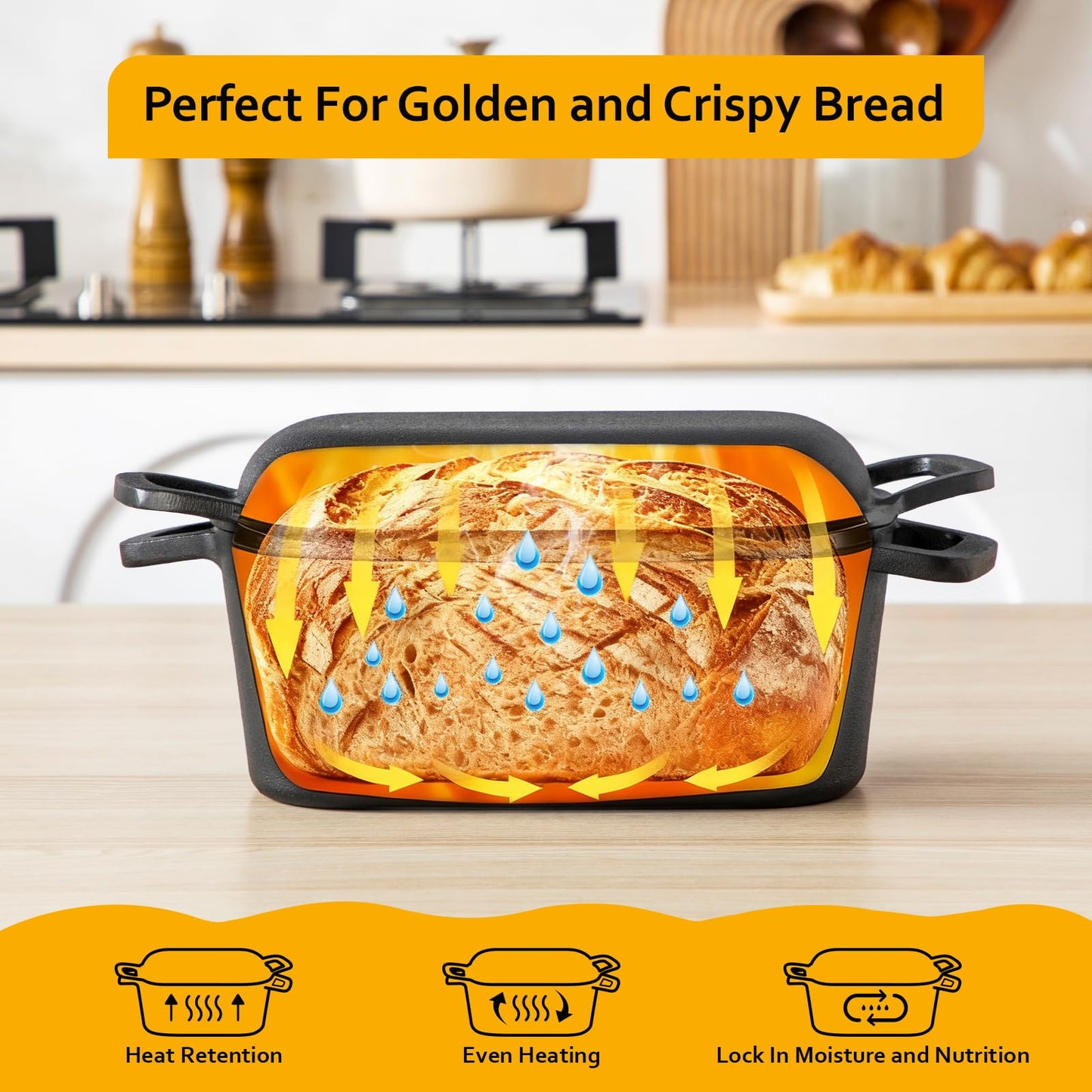 Velaze 3.6QT Dutch Oven for Bread Baking,Oval Cast Iron Bread Oven Pan with Lid and Offset Handles,Oven Safe to 500°F for Homemade Sourdough Bread(Black)