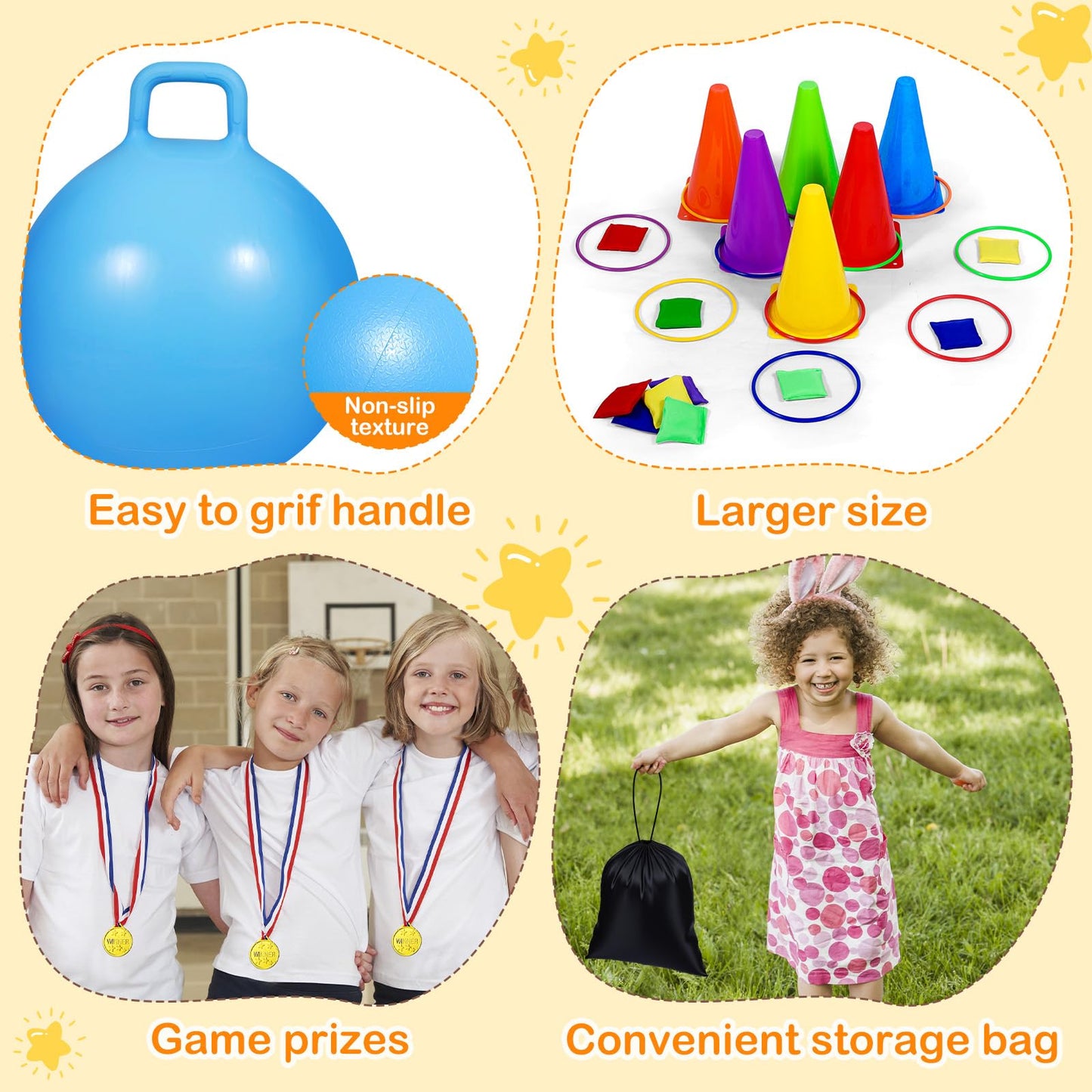 CWLAKON Outdoor Carnival Games 53Pcs, Hopper Balls for Kids, Soft Plastic Cones Bean Bags Ring Toss Game, Egg Spoon Relay Race, Outside Lawn Yard Backyard Field Day Birthday Party Family Reunion Game