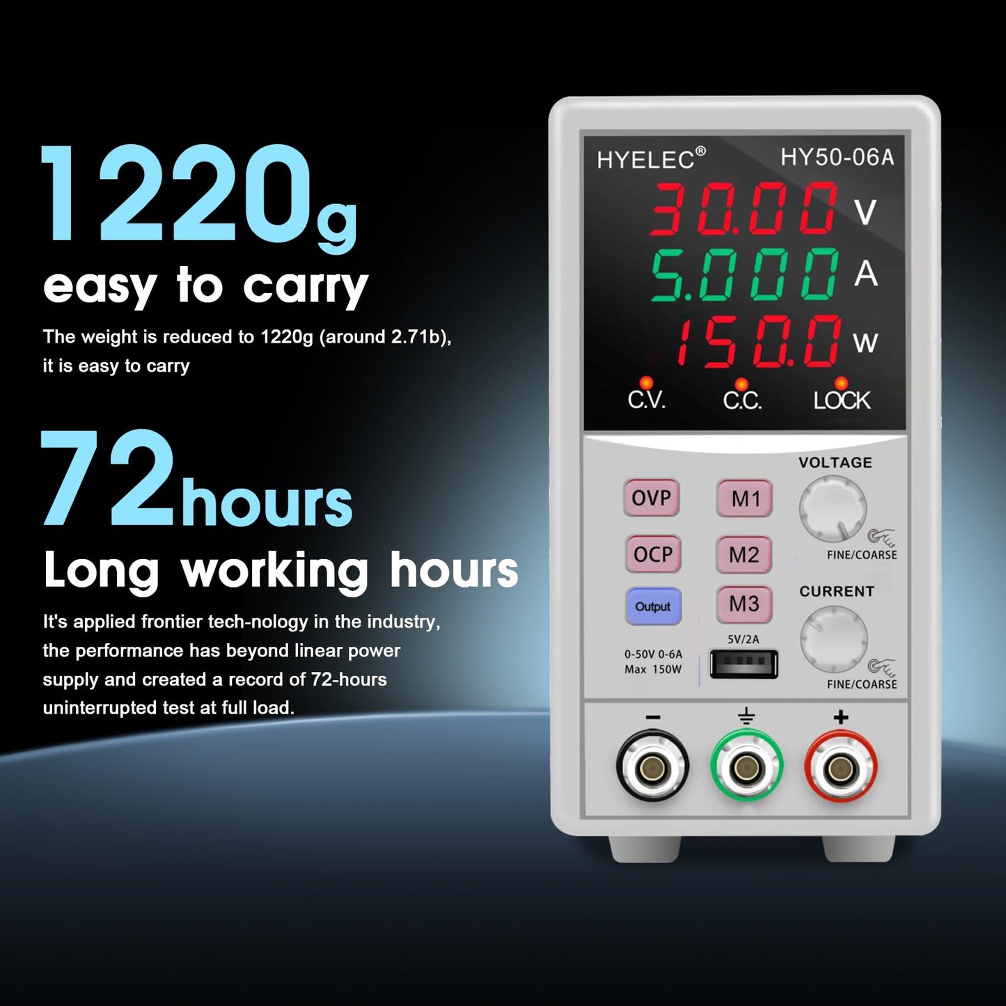 HYELEC Variable DC Power Supply,0-50V 0-6A max150W Switching Regulated Bench Power Supply with Memory, 4-Digit LED Display, 5V2A USB Interface, Output Switch, Coarse and Fine Adjustments
