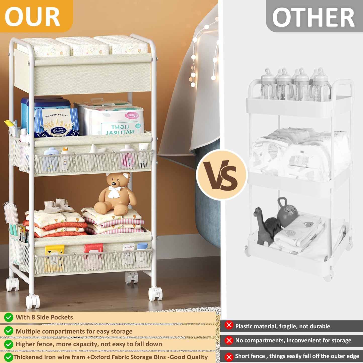 3-Tier Baby Diaper Caddy Cart Organizer,Mobile Nursery Storage Carts with Wheels,With 2 Dividers&14 Mesh Pockets Durable Metal Utility Cart for Nursery, Bedroom, Bathroom, Baby Essentials Organization