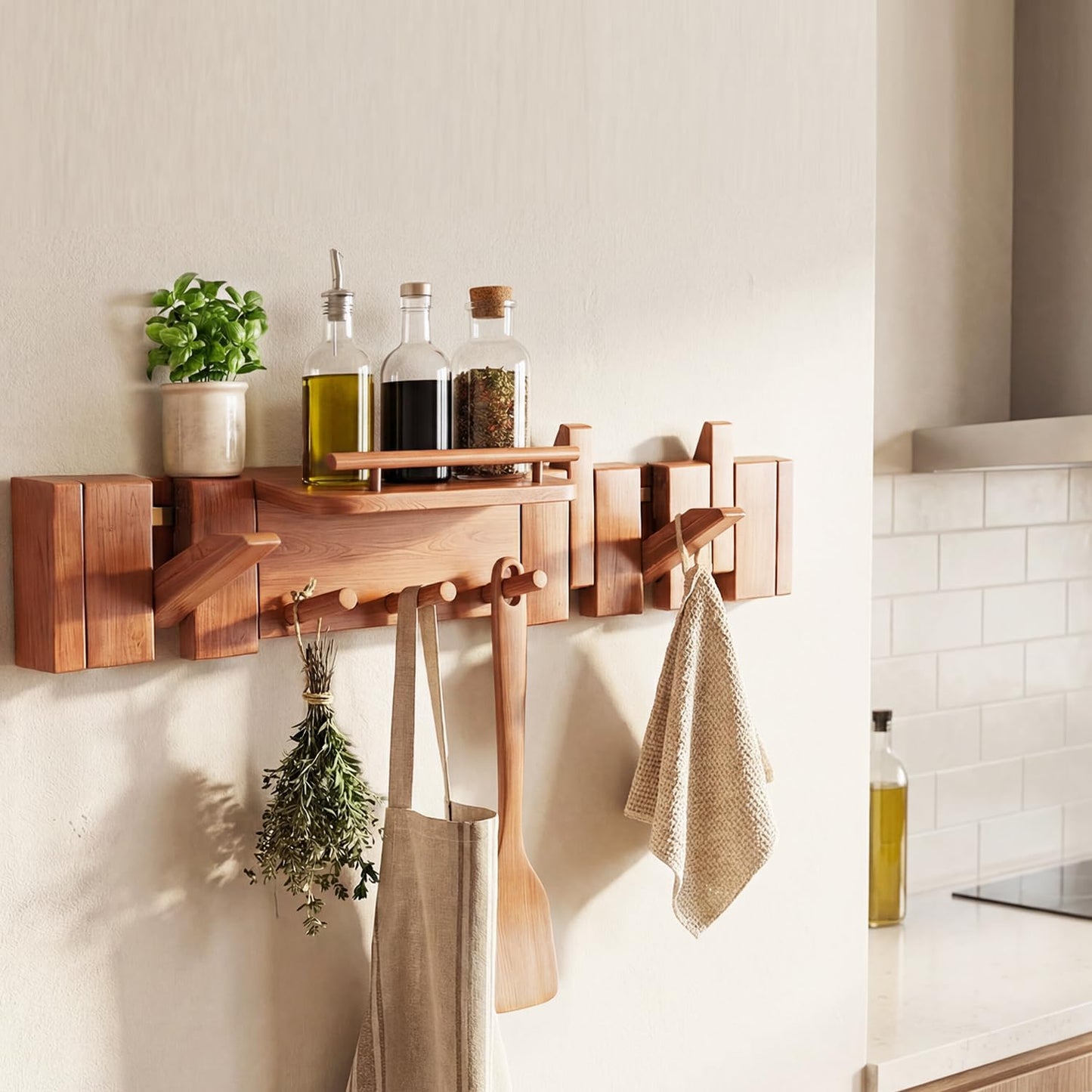 EasTeebw Mid Century Modern Walnut Foldable Entryway Wall Coat Hanger Hook with Shelf,Heavy Duty Wooden Piano Hidden Towel Hooks for Bathroom,Wall Rack for Purse&Key&Mail,Home Decor (Walnut, 7 Hooks)