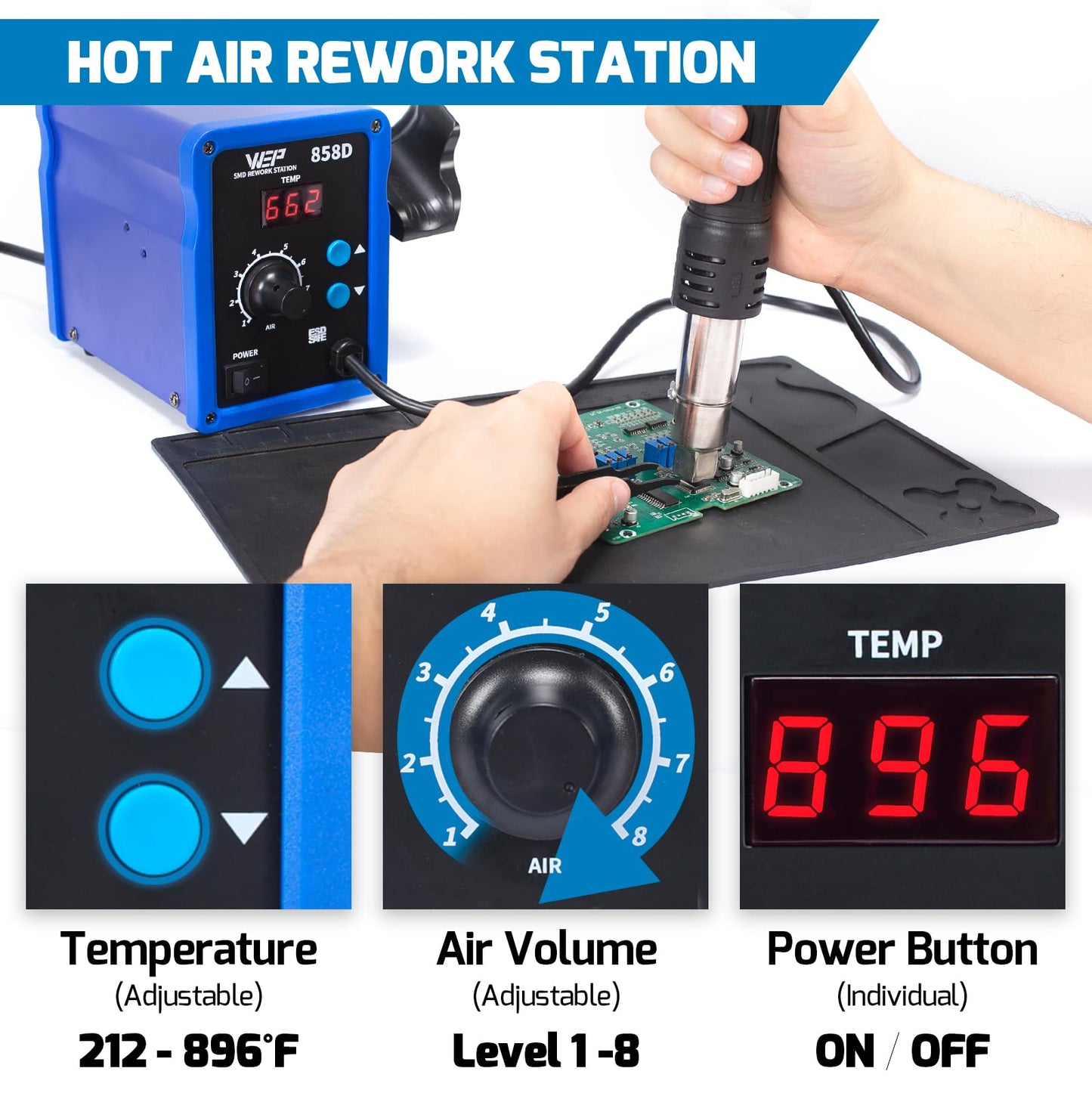 WEP 858D Hot Air Rework Soldering Station with Temperature Control, Adjustable Air Volume, Digital Display for SMD Soldering with 3 Extra Hot Air Nozzles
