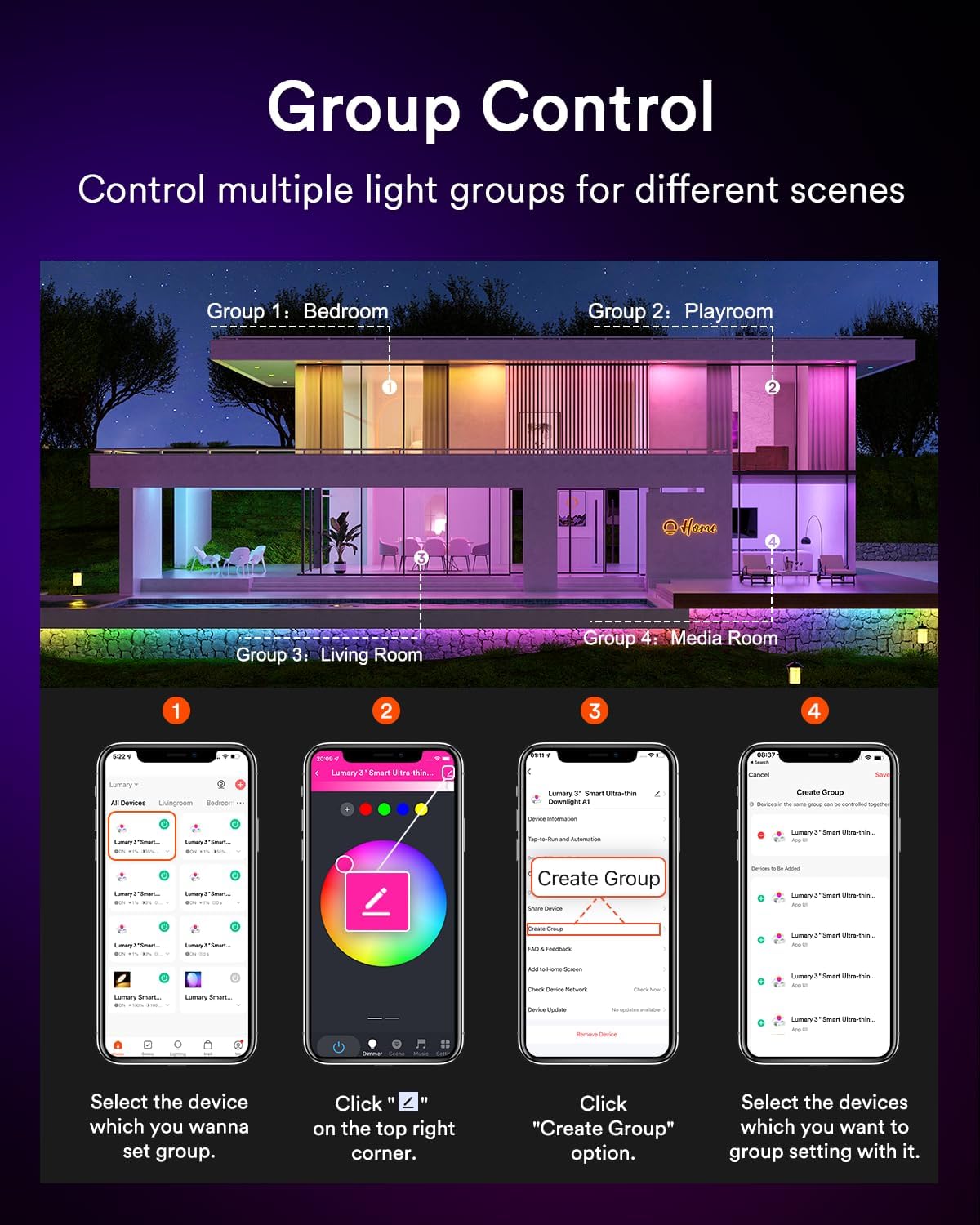 Lumary 3 Inch Smart LED Recessed Light, Ultra-Thin 7W WiFi Bluetooth Ceiling Downlight, Canless w/Junction Box, Whitie Shades Color Changing, Compatible with Alexa/Google/Remote-Not Included, 4 Pack