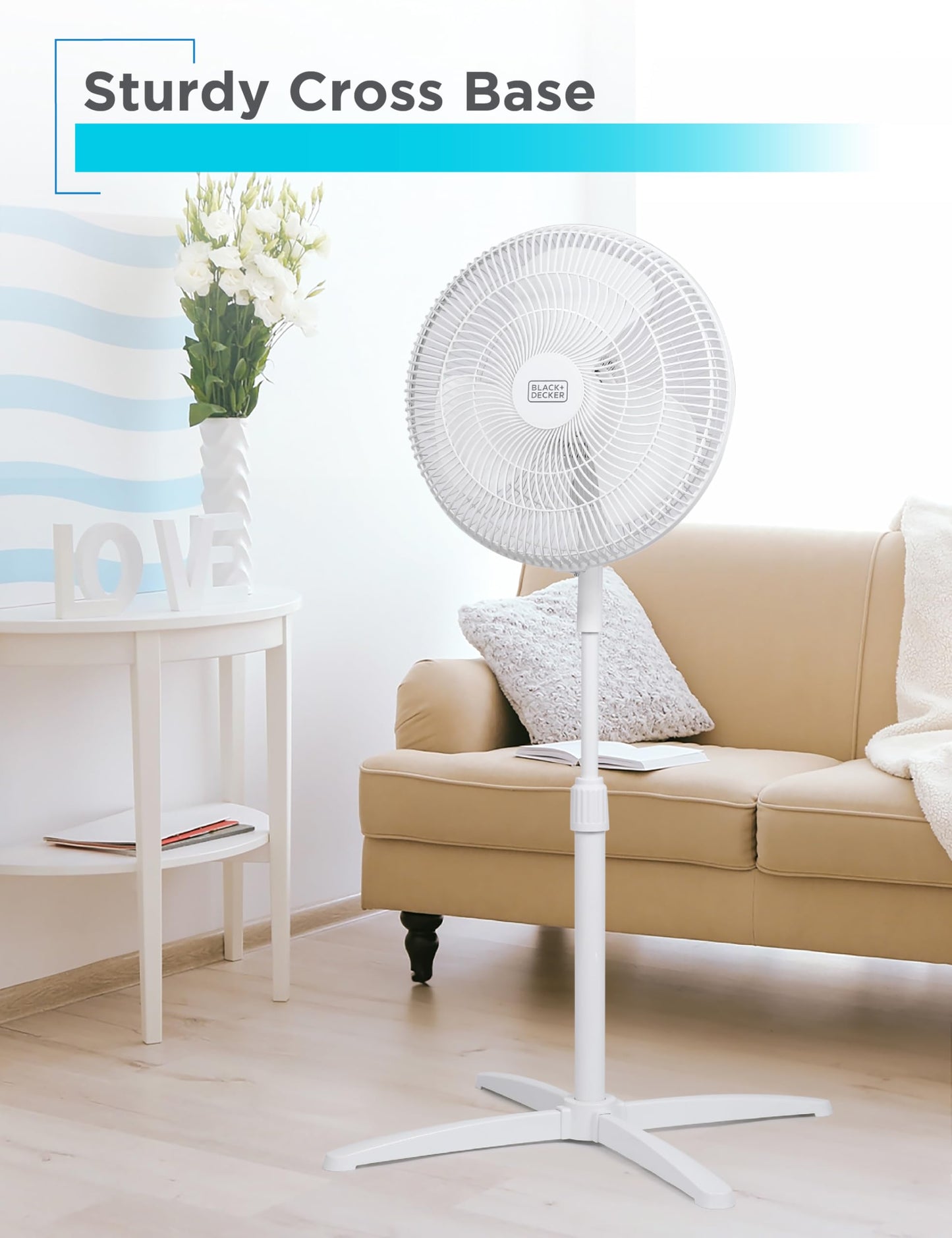 BLACK+DECKER 16-Inch Pedestal Fan, BFP16MXW, Oscillating Fan for Home and Office, Standing Fan with 3 Speed Settings, Height Adjustable with Adjustable Head Tilt, White