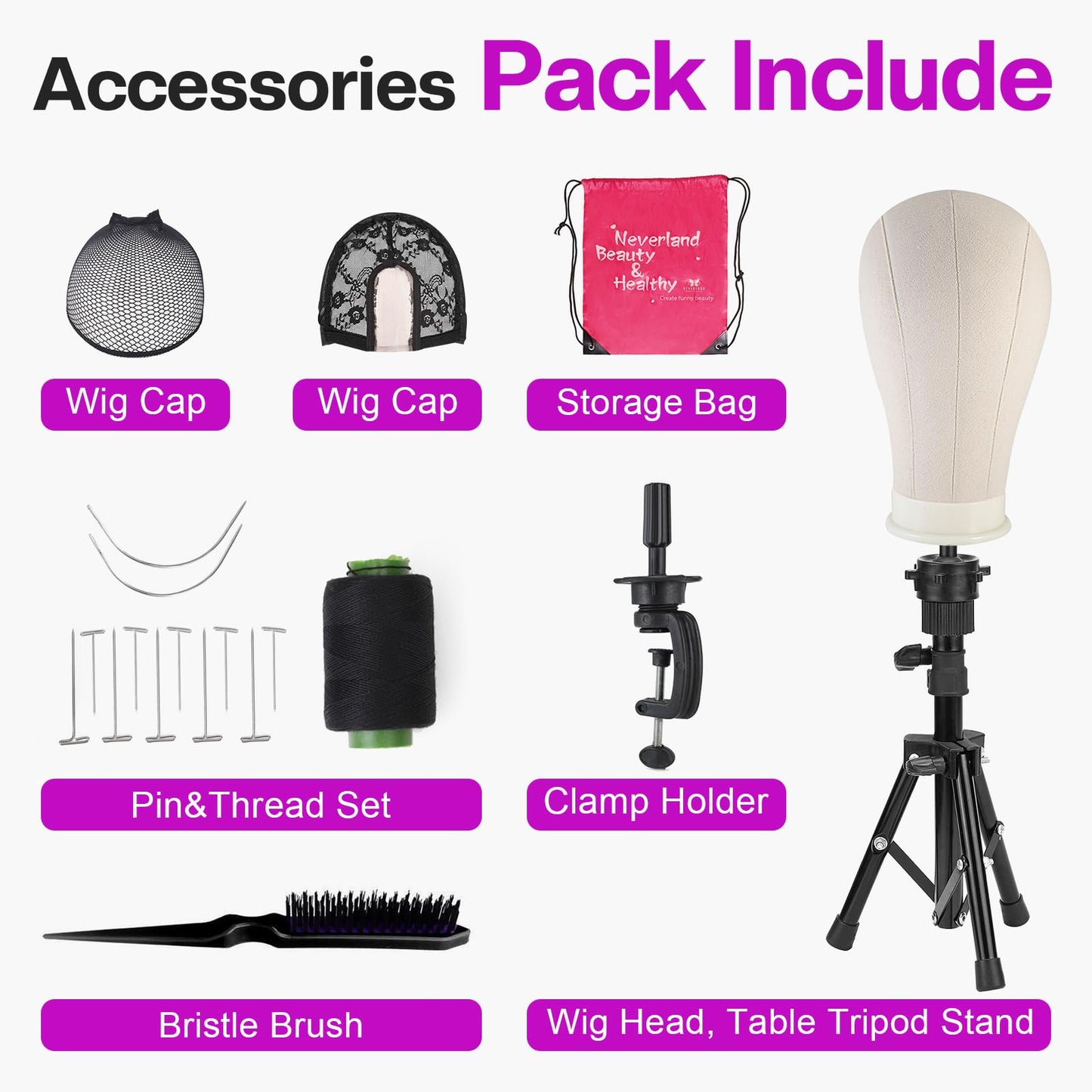 23 Inch Wig Head,Wig Stand Tripod with Head,Canvas Wig Head Stand with Mannequin Head for Wigs,Manikin Head Block Set for Wigs Making Display with Wig caps,T Pins Set,Bristle Brush