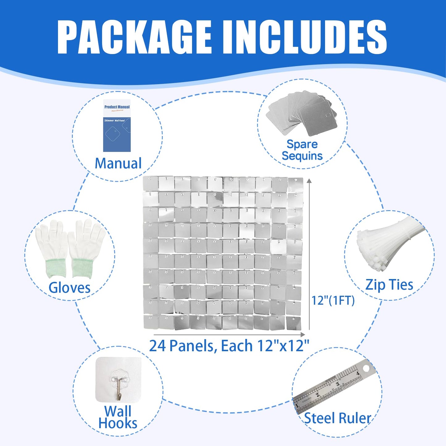 24 Pcs Silver Shimmer Wall Backdrop Panels for Party Decoration, 12 inch x 12 inch Silver Sequin Backdrop for Birthday Graduation Anniversary Engagement