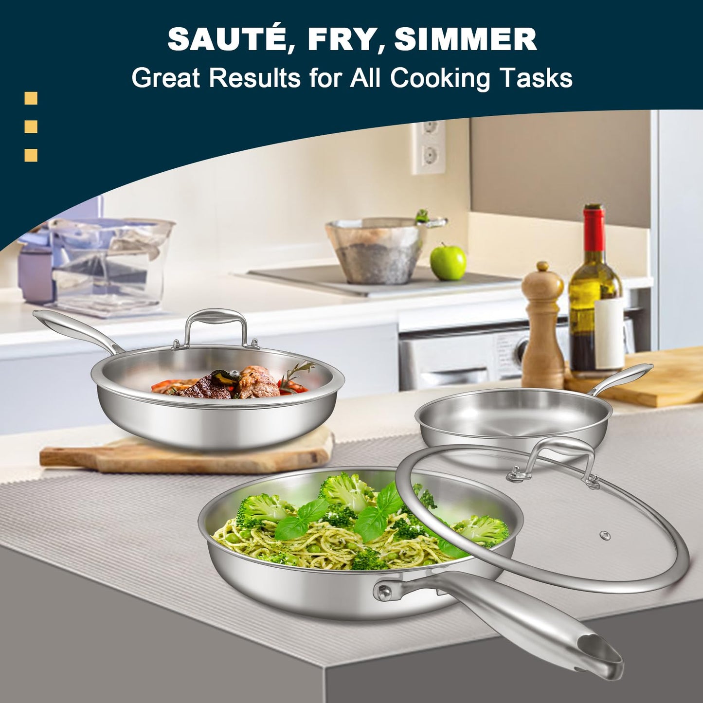 EWFEN Tri-Ply Stainless Steel Frying Pans Set with Lid, 8”/10”/12” Cooking pans, PFOA&PTFE Free Skillet, Induction Cooking Pan, Dishwasher and Oven Safe, Fast & Even Heat, Suitable for All Stove
