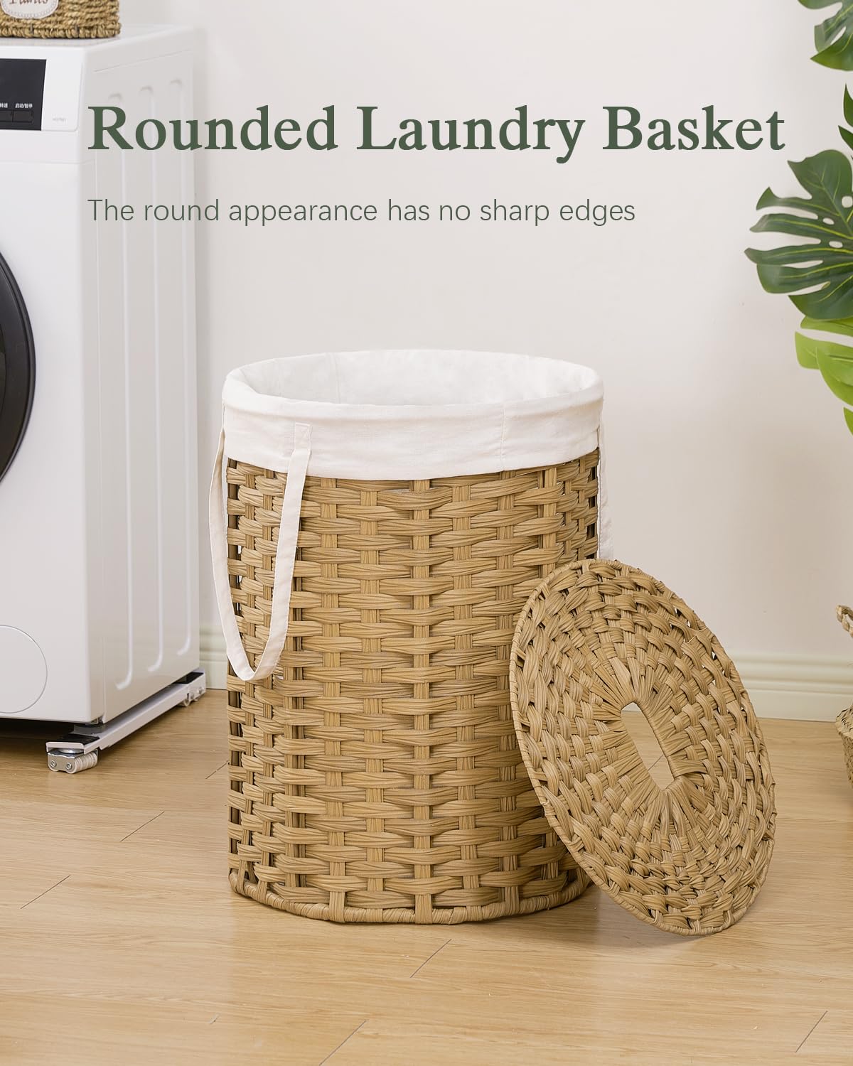 SETVSON Laundry Hamper with Lid Laundry Basket with Lid 19.0 Gal (72 L) Round Wicker Laundry Basket Handwoven Rattan Hamper Removable Bag 2 Mesh Bags Handles for Living Room Bathroom Natural