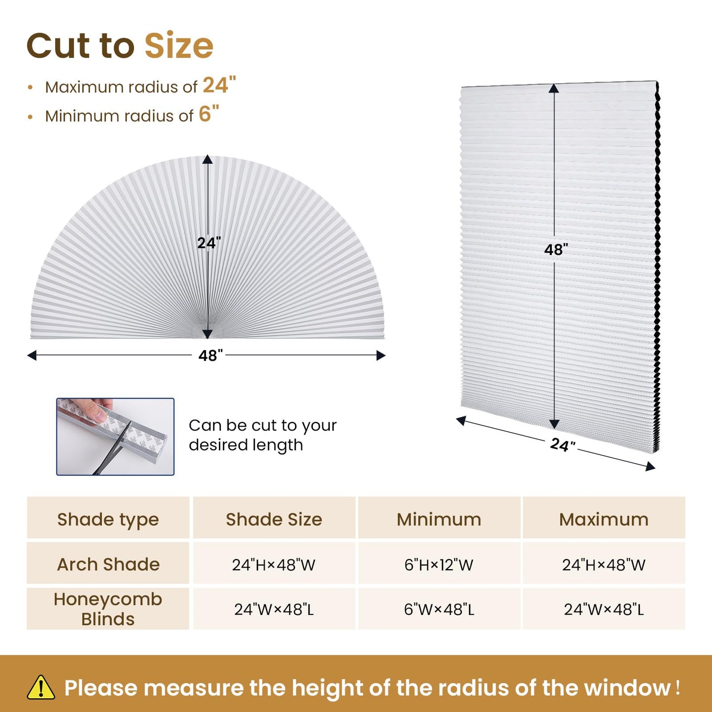 Grandekor Half Circle Arch Window Shade Blackout 72" Wx36 H No Drill Honeycomb Blinds for Kitchen Nursery Living Room Bedroom Easy Install Cellular Shades White