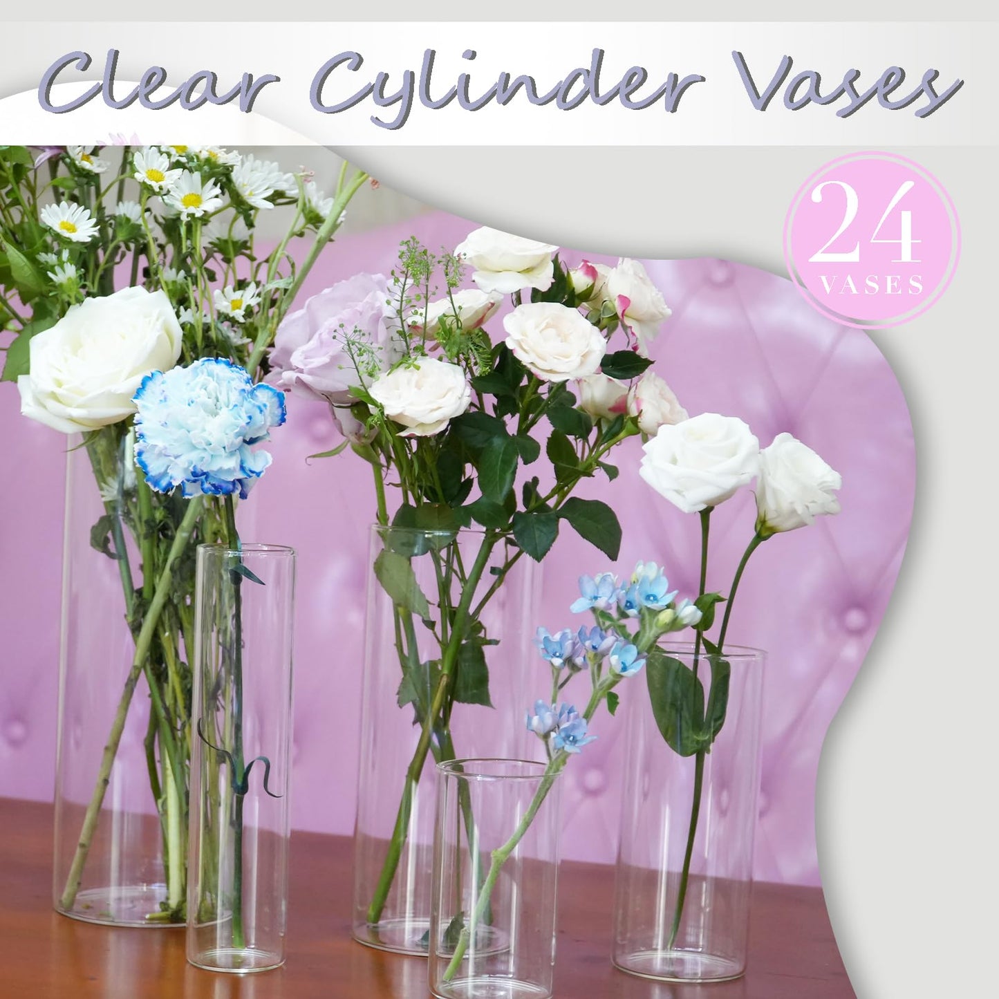 Wehomai 24pcs Glass Cylinder Vases 4,5,6 Inch for Centerpieces,Small Clear Flower Vases for Wedding Decorations and Indoor Home Decor, Hurricane Candle Holder for Table Shelf, Party