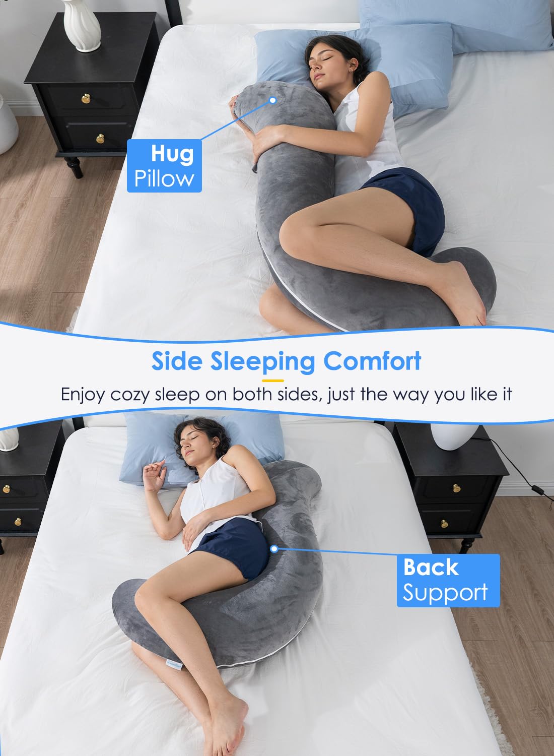 QUEEN ROSE Body Pillow for Side Sleepers, Soft Comfort S Shaped Hug Pillow for Adults, Full Body Support, Velvet Grey