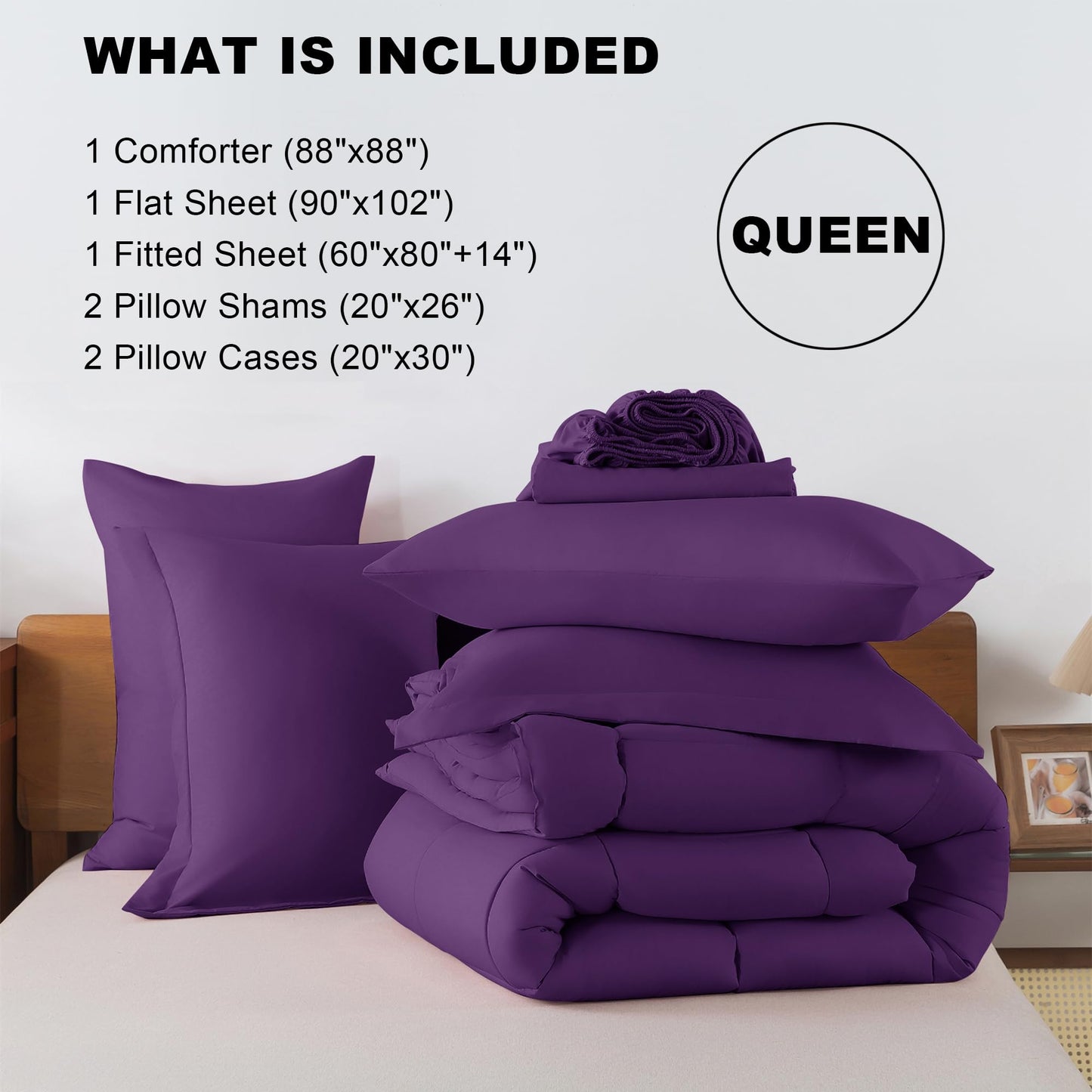 ELNIDO QUEEN® Purple Comforter Set Queen - 7 Pieces Bed in a Bag Queen Size, Bed Set for All Seasons, Ultra Soft Bedding Sets with Comforter, Flat Sheet, Fitted Sheet, Pillowcases and Pillow Shams