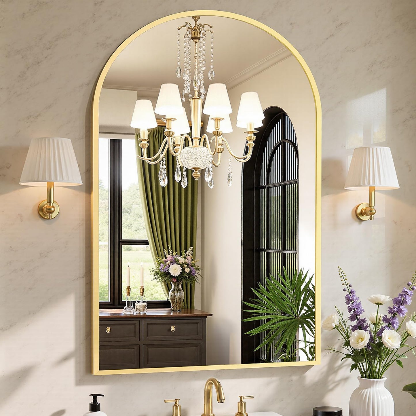 Sweetcrispy 26.5"x38" Arched Gold Bathroom Mirrors for Wall, Bathroom Mirrors for Over Sink, Metal Framed with HD Shatter-Proof Glass for Entryway, Living Room, Bedroom, Home Decor