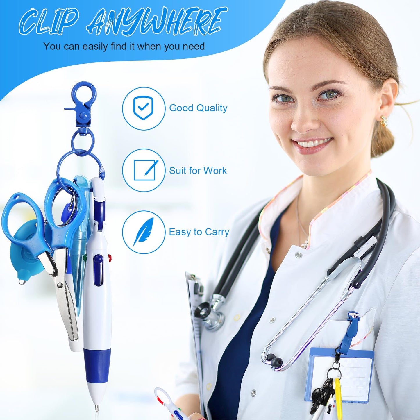 Glenmal 72 Pcs Badge Reel Mini Highlighter Nurse Pens Set with Mini Scissors Highlighter Retractable Neon Nurse Pen LED Keychain Clip Flashlight Key Ring for Nurse Accessories(Multicolor,Simple)
