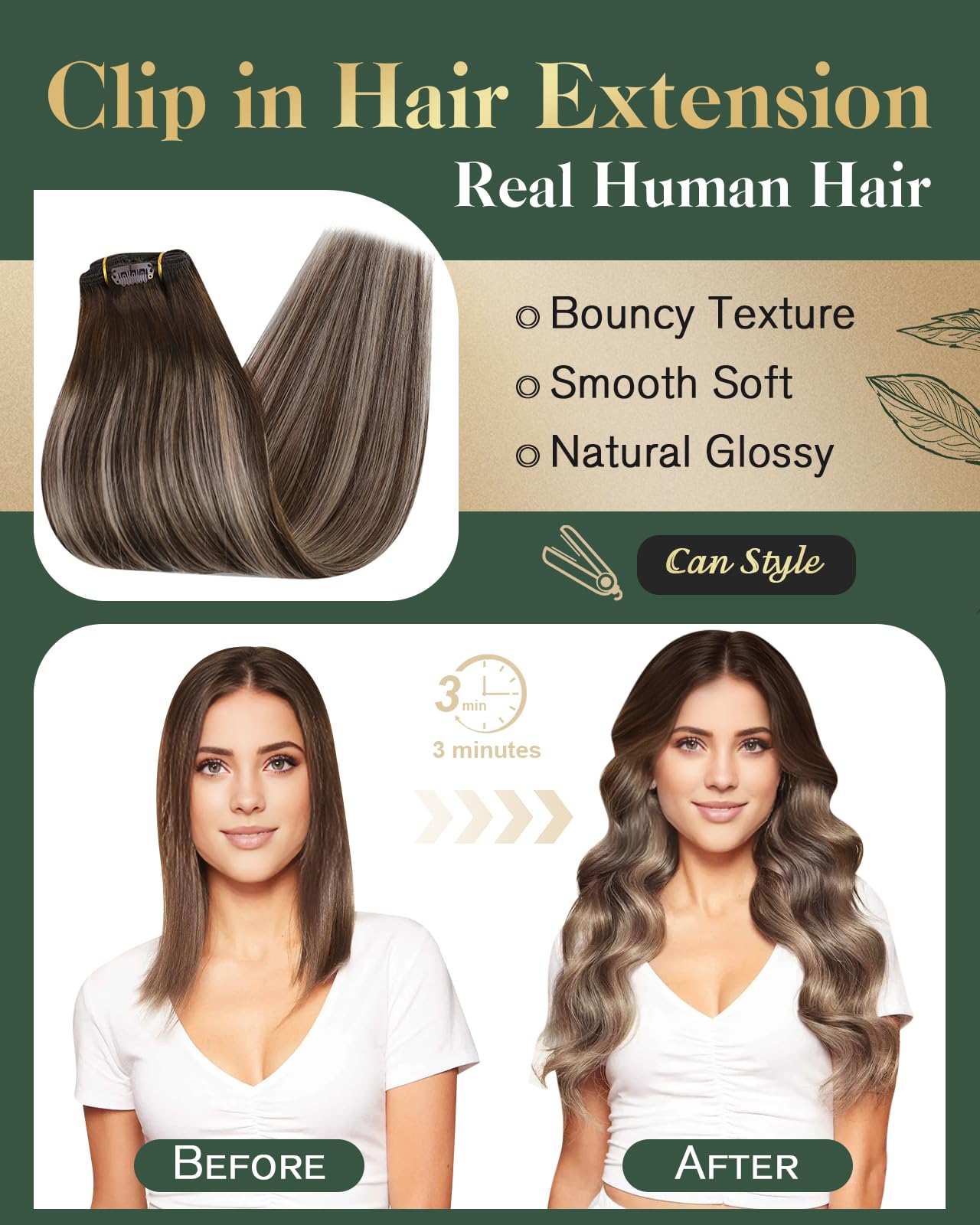 Ugeat Hair Clip in Human Hair Extensions 18 inch Clip in Remy Hair Extensions Human Hair Dark Brown Ombre Ash Brown Human Hair Clip in Extensions Brown 7pcs 120g