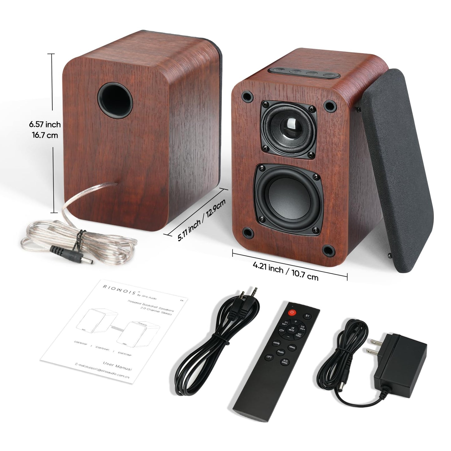 RIOWOIS Powered Bluetooth Bookshelf Speakers, 40W Record Player Speakers with 2.75 Inch Woofer, Stereo Speakers with Optical/AUX/TV-ARC Connection for Turntable, PC and TV.