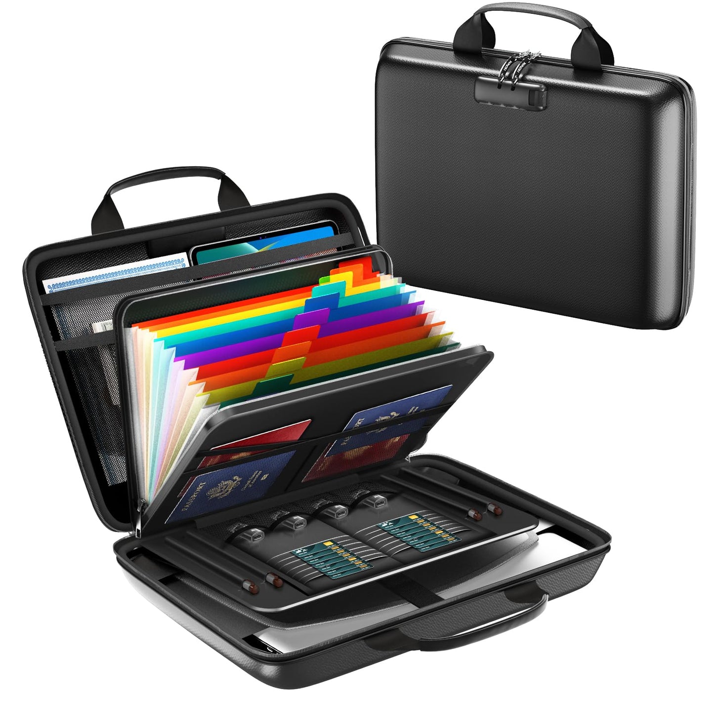 HIBWN Fireproof Document Box, Hard Case Fireproof File Organizer with Lock and 13 Pocket Accordion File Folder, Portable Safe Box for Home Office Travel to Storage Important Documents Laptop Black
