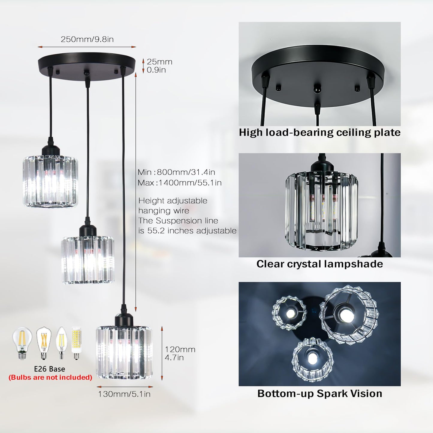 Cainjiazh Crystal Pendant Lights Round Ceiling,Modern Crystal Chandeliers Hanging Light Fixture for Kitchen Island,Adjustable Chandelier for Dining Room,Foyer,Living Room Entryway Black 3 Lights