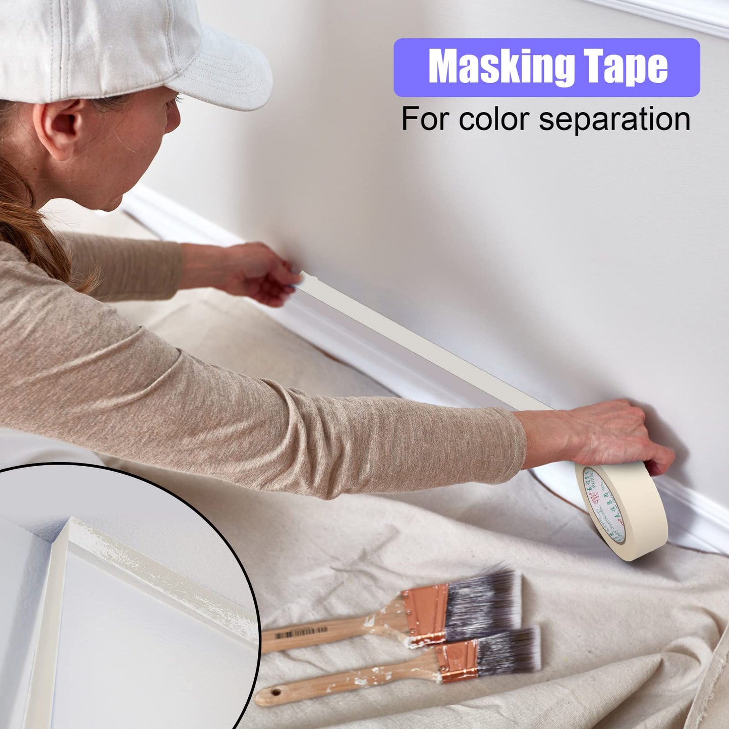 Fainne 18 Rolls Masking Tape Bulk 1.41 Inch Beige Wide Thin White Color Painters Tape for Painting Home Office School Stationery, 1.41 Inches x 55 Yards