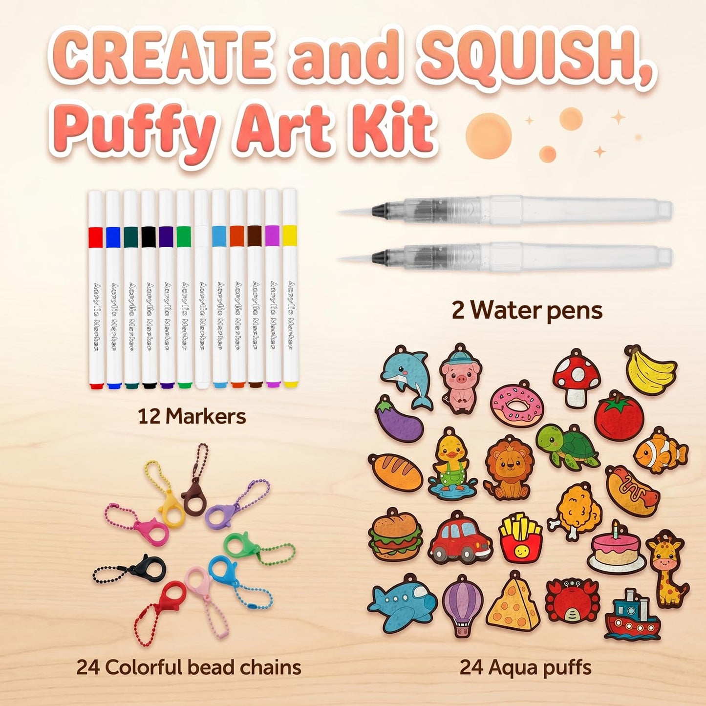 Fcoget Magic Puffy 3D Art Kit,Magic Foam Texture Painting Keychain Kit for kids,DIY Coloring Crafts, Mess Free Creative Gift for Girls & Boys Ages 4 5 6 7 8 9 10