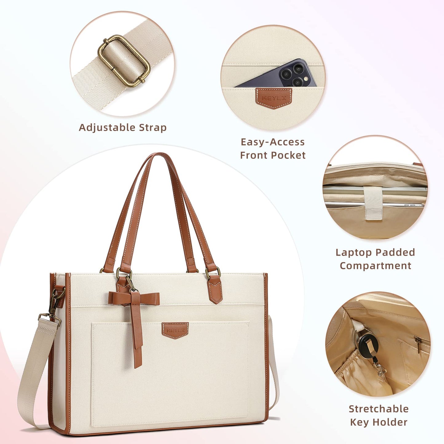 Keyli Laptop Tote Bag Canvas Laptop Bag for Women 15.6 inch Casual Work Shoulder Bags Large Capacity Professional Business Office Computer Briefcase Handbag Purses for Travel, Office, School Brown