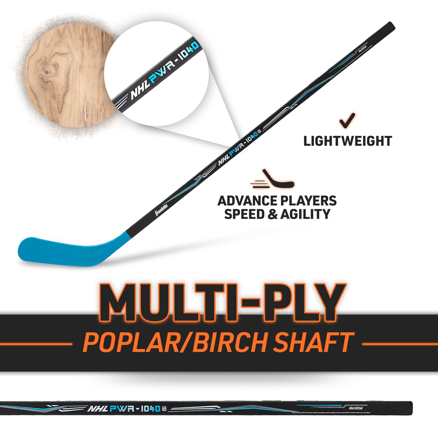 Franklin Sports NHL Youth Street Hockey Stick - Power 1040 Kids Outdoor Street Hockey Sticks - 40" Inch Youth Hockey Stick for Kids - Right Handed Hockey Stick - Wood/Fiberglass Shaft - Lefty