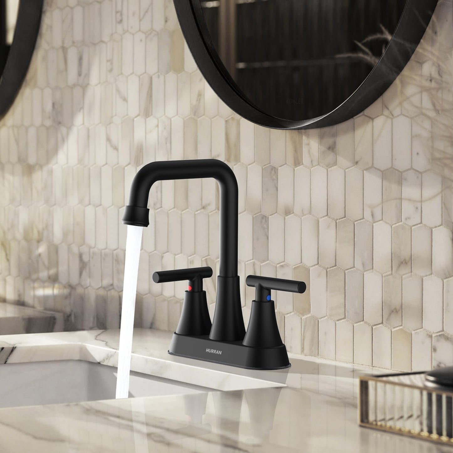 Matte Black Bathroom Sink Faucet, Hurran 4 inch Bathroom Faucets for Sink 3 Hole with Pop-up Drain and Supply Hoses, 360 Swivel Spout Centerset Faucet for Vanity RV Farmhouse, 2 Pack