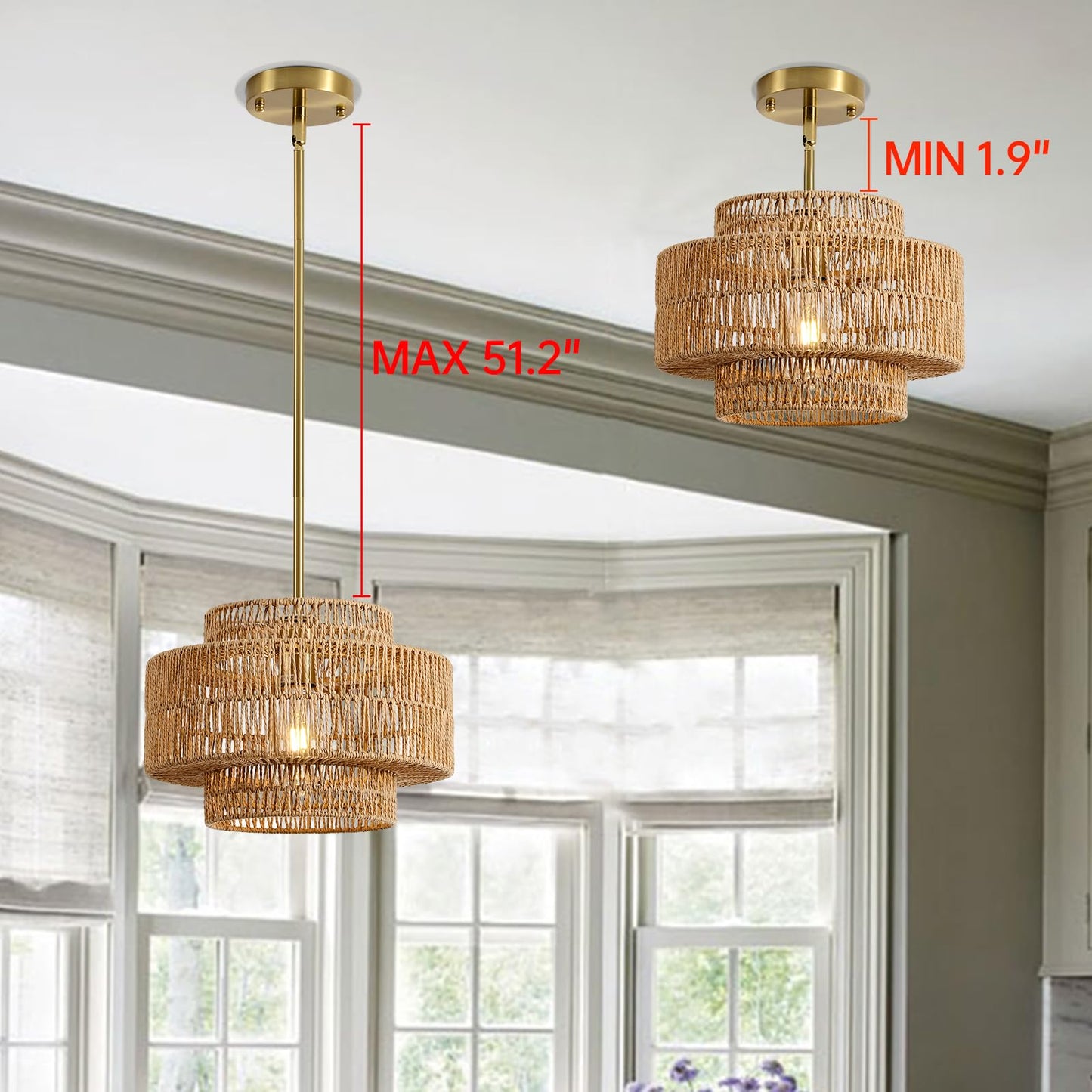 12.4” Boho Rattan Chandelier Light Fixture, 1-Light Hand Woven Pendant Light Fixture Farmhouse Rustic Hanging Lamp for Kitchen Island Bedroom, Dining Room, Living Room, Entryway, Foyer