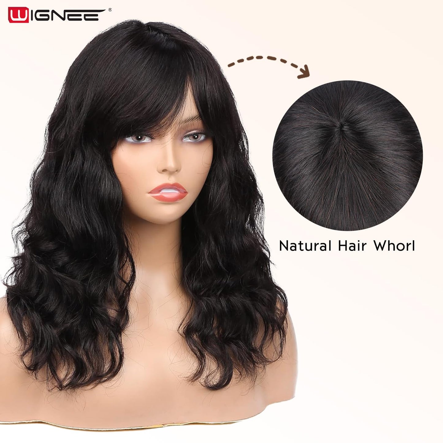 WIGNEE 100% Virgin Human Hair Natural Wave Wigs with Bangs Brazilian Human Hair Wave Wigs For Black Women Natural Black Color (14 Inch)