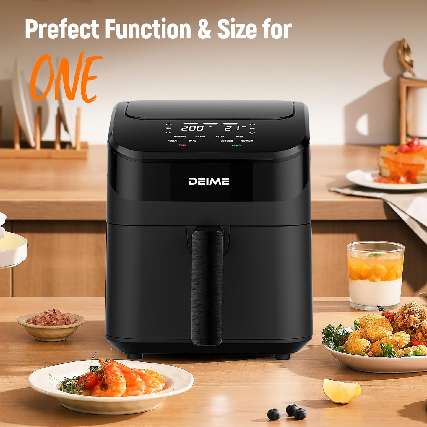 DEIME Air Fryer 4.5 Qt, Small Airfryer Digital Space Saving Compact, Bake, Reheat, Roasts for Quick Easy Meals, Mini Compact & Quiet, Nonstick & Dishwasher Safe Basket with Toast Rack (Black)