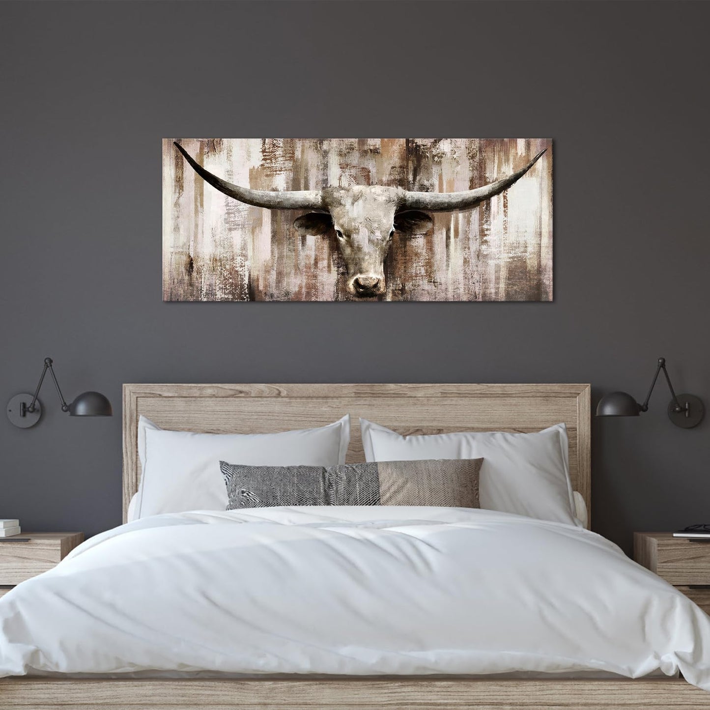 LevvArts Large Size Longhorn Cow Canvas Wall Art Western Cattle Painting Artwork Rustic Farmhouse Decorations Man Cave Home Office Decor 20"x48"
