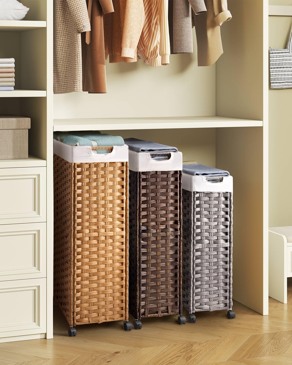 Greenstell Laundry Hamper with Wheels, 17.4 Gallon (66L) Slim Laundry Basket with 2 Removable Liner Bags & 2 Mesh Bags, Narrow Rattan Clothes Hamper for Bedroom, Laundry Room, Bathroom, Natural