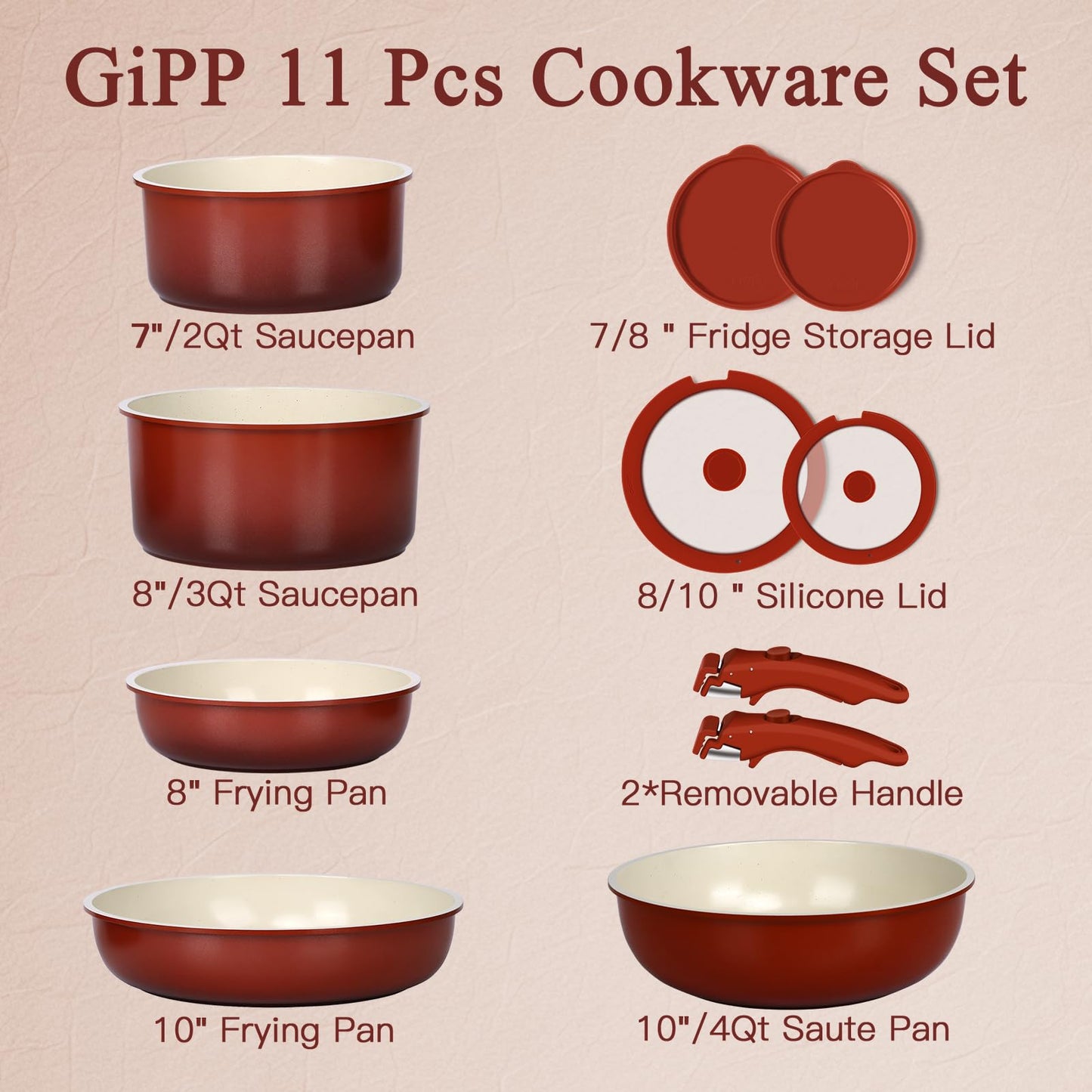 GIPP 11PCS Ceramic Pots and Pans Set Non Stick, Nonstick Cookware Set Detachable Handle, Red Black Gradien Pots and Pans Induction Kitchen Cooking Sets, RV Cookware Sets for All Stoves