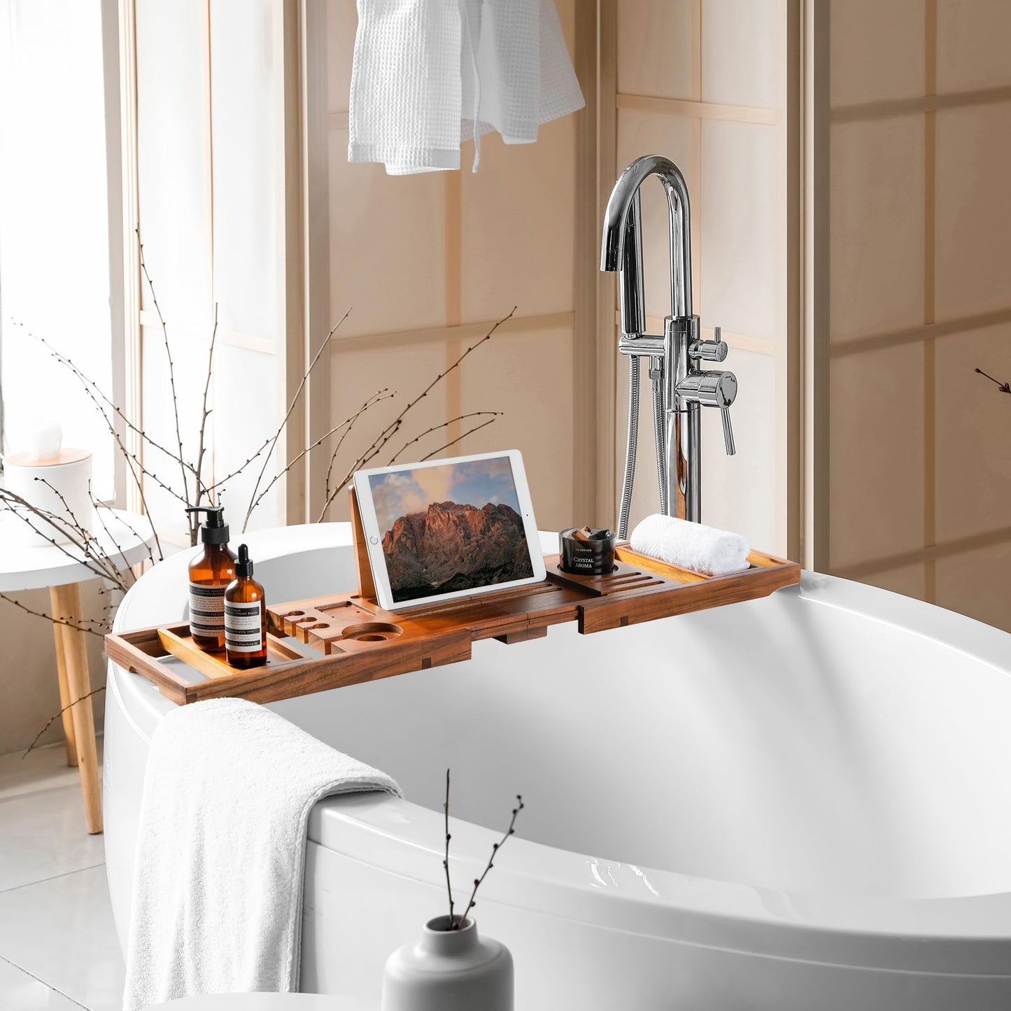 Realgulf Teak Bathtub Tray | Adjustable Width Tray with Wine Holder, Tablet/Phone & Book Stand, Splash-Proof for Bath Time- Natural
