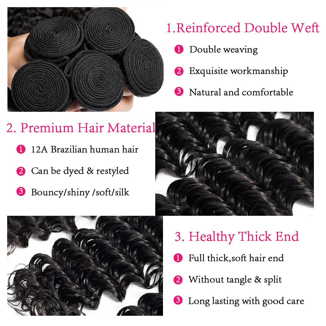 younsolo Deep Wave Bundles Human Hair 3 Bundles (20 22 24 inches) 12A Brazilian Virgin Bundles 100% Human Hair Deep Wave Bundles Deep Wavy Raw Hair Natural Black