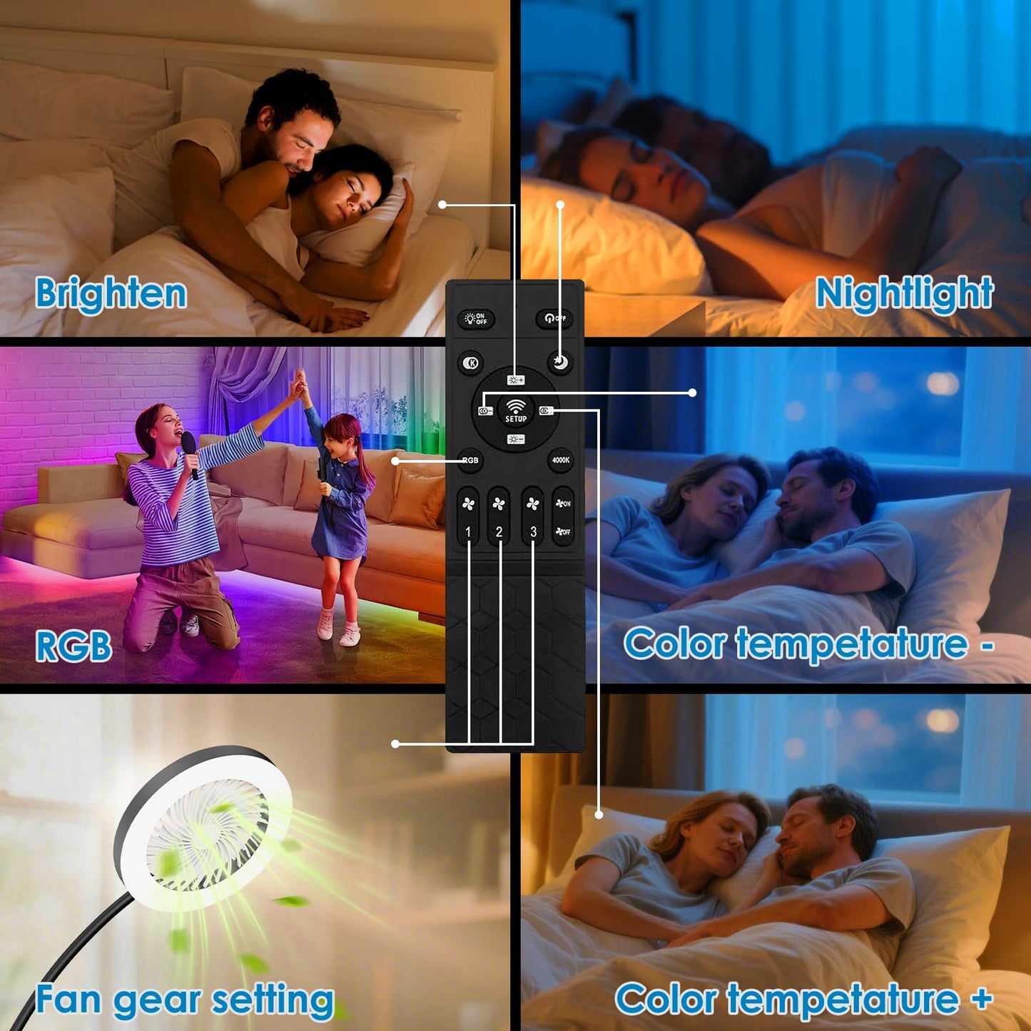 IDOGLOME Floor Fan with RGB Lights Lamp 18w 1200Lm LED Light Fixture with Standing Fan and Remote（Black）