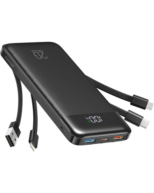 Charmast Power Bank 20000mAh, 20W Fast Charging Portable Charger with Built-in Cables, USB C Battery Pack, Slim Portable Phone Charger Backup Battery for iPhone, Samsung, iPad, More Phones, Tablets