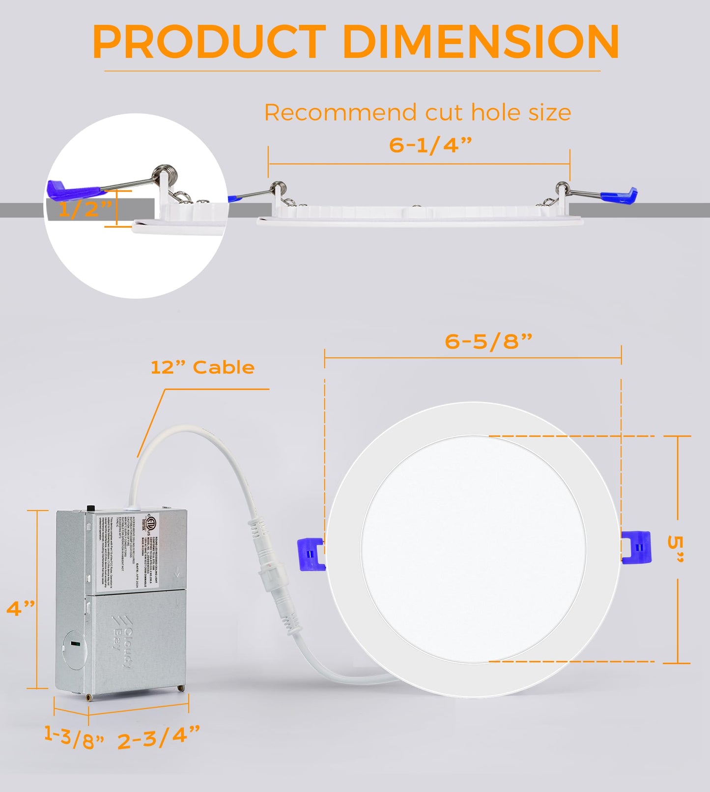 CLOUDY BAY 6 inch 3000K/ 4000K/ 5000K Selectable,Dimmable Recessed Lighting 15W CRI90+,Ultra Thin LED Recessed Light with Junction Box,IC Rated, Canless Wafer Downlight, Damp Location, White, 6 Pack