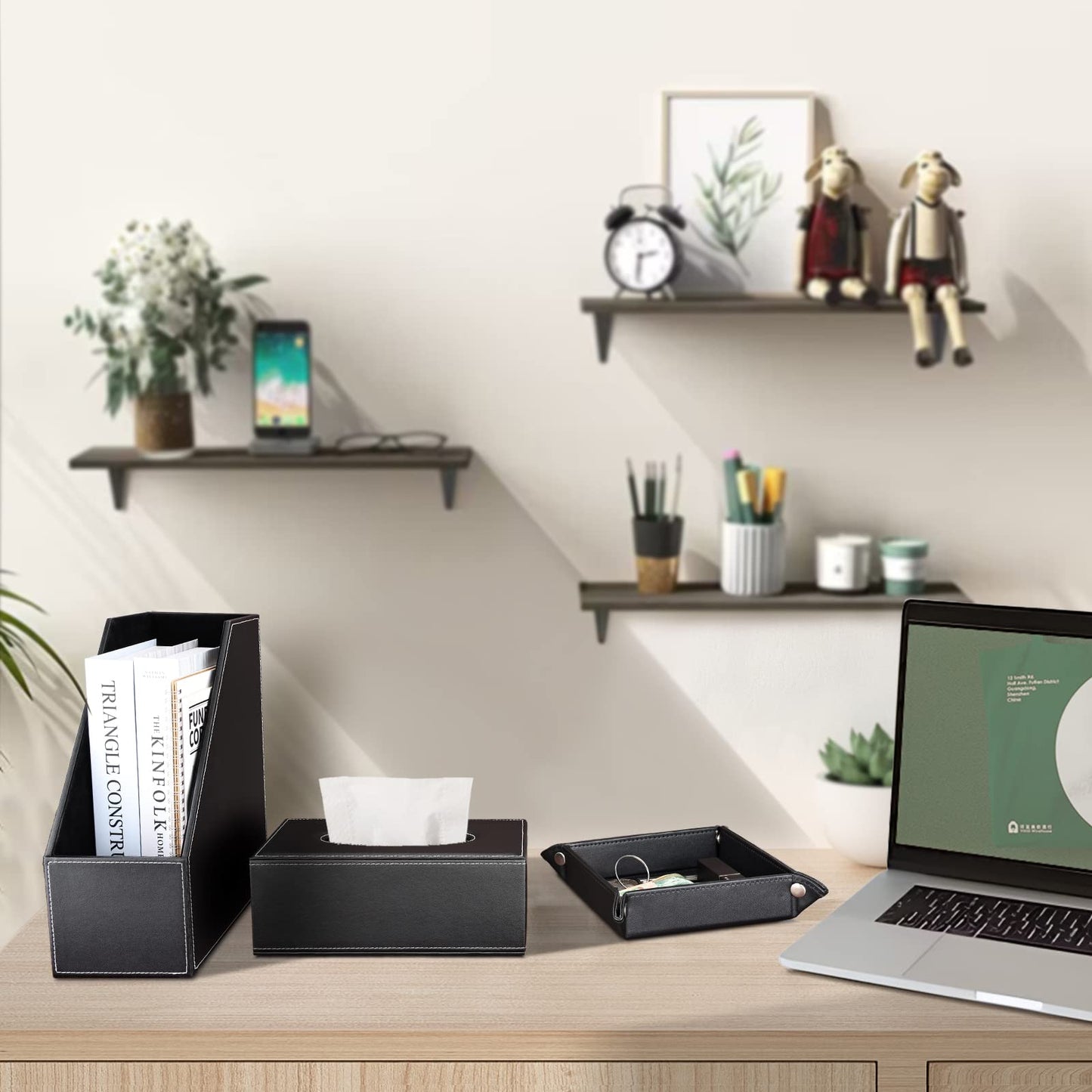 KINGFOM 5 PCS/SET Pu Leather Desk Organizer File Holder Accessories, Magazine Storage Rack+Desktop Pen&Pencil Holder+Tissue Box Cover+Leather Jewelry Accessories Tray