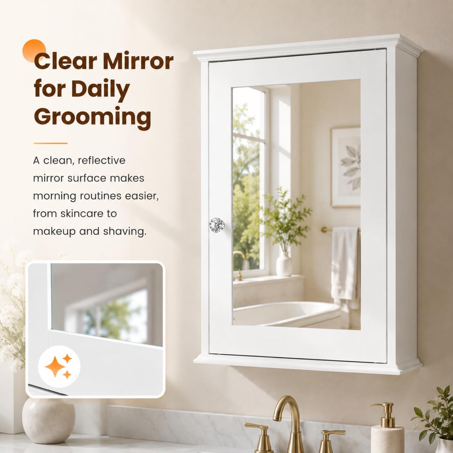 VINGLI Bathroom Wall Cabinet Wall Mount Mirrored Medicine Cabinet with Mirror Storage Organizer with Single Mirror Door and 2 Adjustable Shelves White