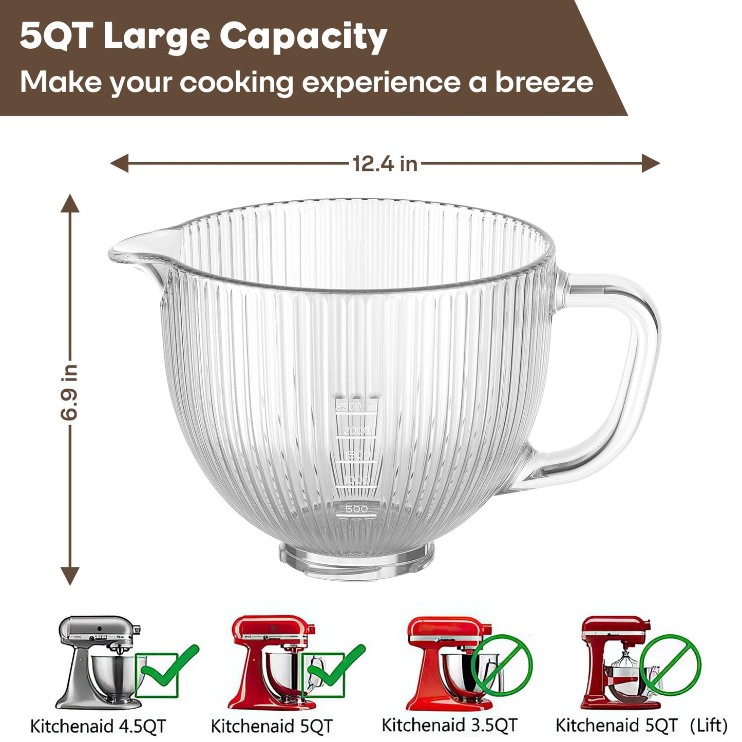 Glass Bowl for KitchenAid Mixer, 4.5-5 Quart Tilt-Head for KitchenAid Glass Mixer Bowl for Stand Mixer With Pour Spout and Measurement Markings, Dishwasher Safe