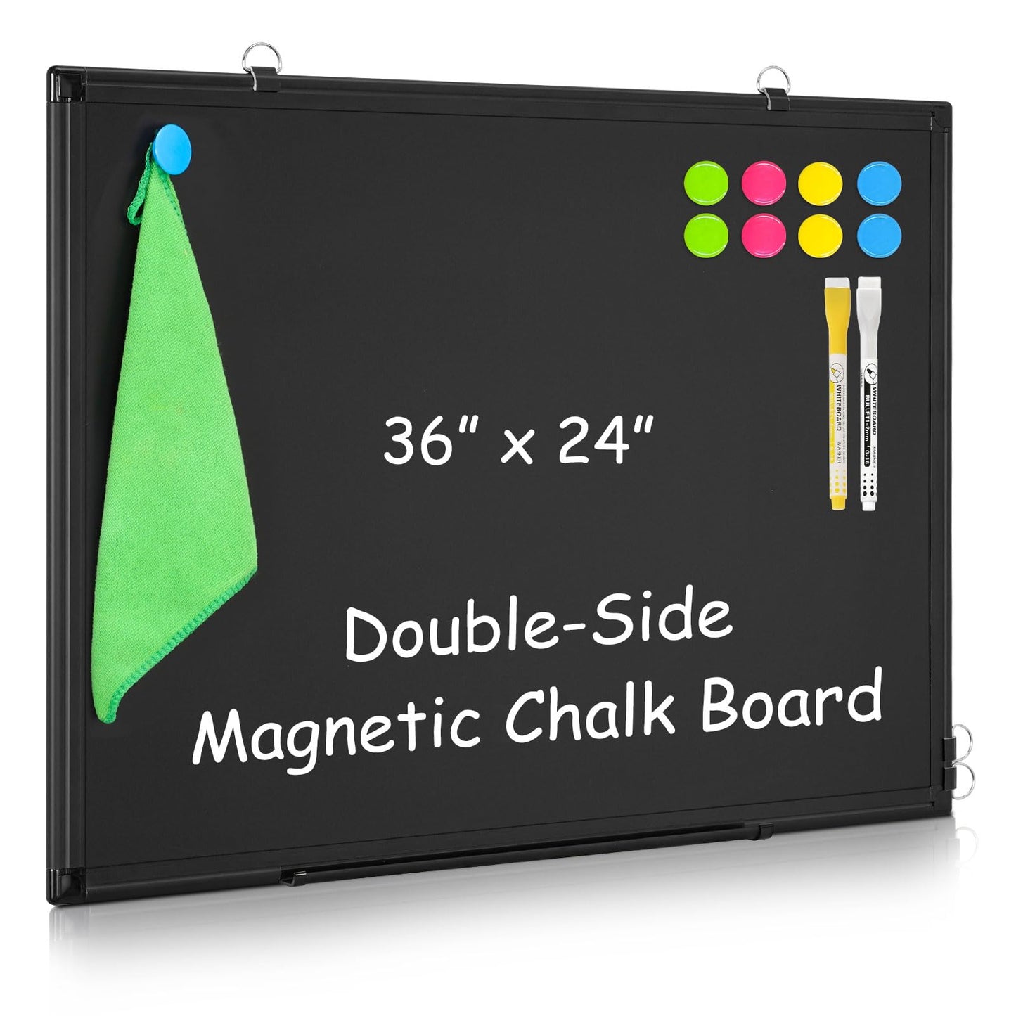 Magnetic Chalk Board, 36“x24” Black Chalkboard Double-Sided Dry Erase Board Magnetic Blackboard for Wall, Black Framed Small Chalk Board Home, School, Office, Kitchen