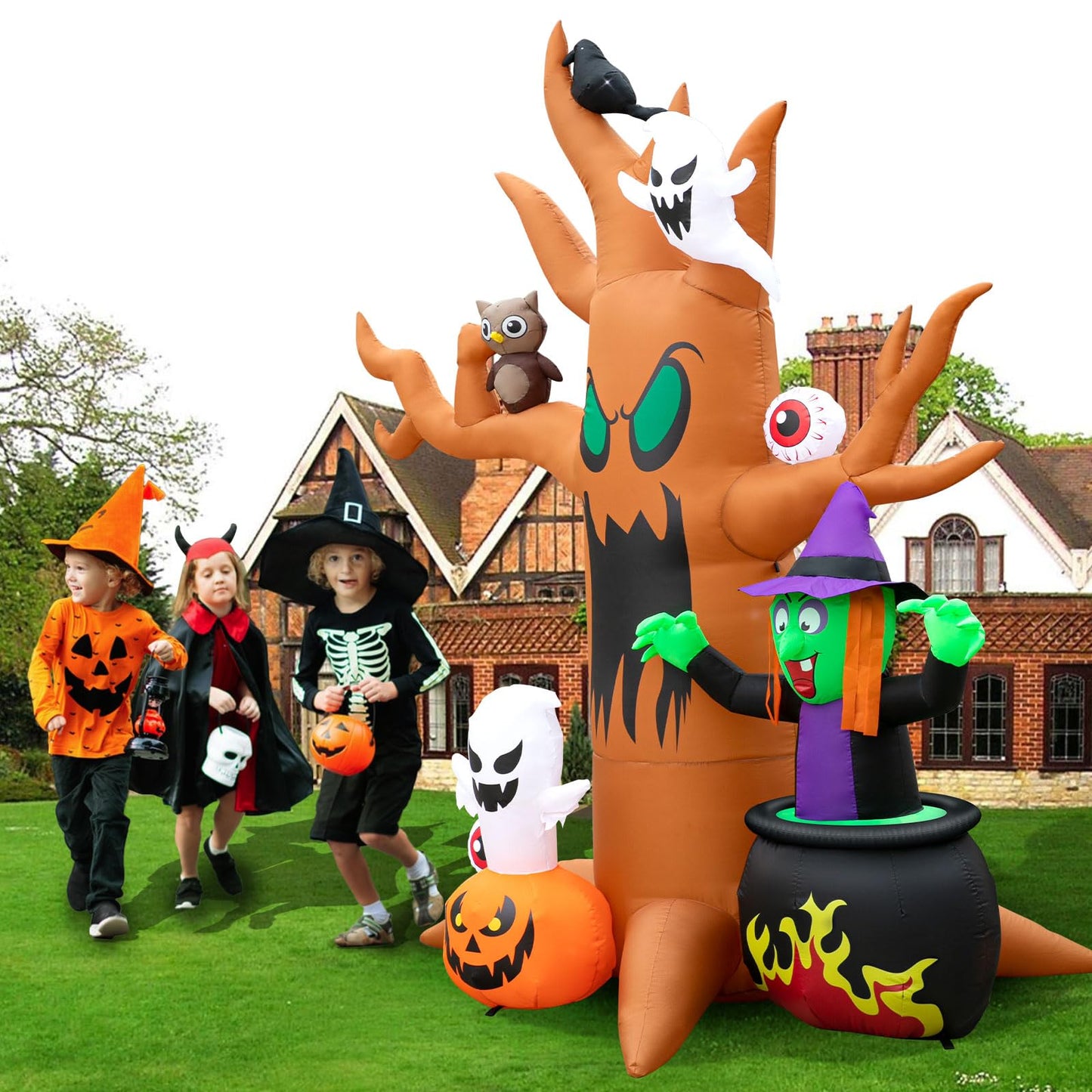 8FT Halloween Inflatables Tree Outdoor Decor with Inflatable Ghost Witch Pumpkins Blow Up Yard Decorations with LED Lights Owl Eyeballs Outside Lawn Party Decor