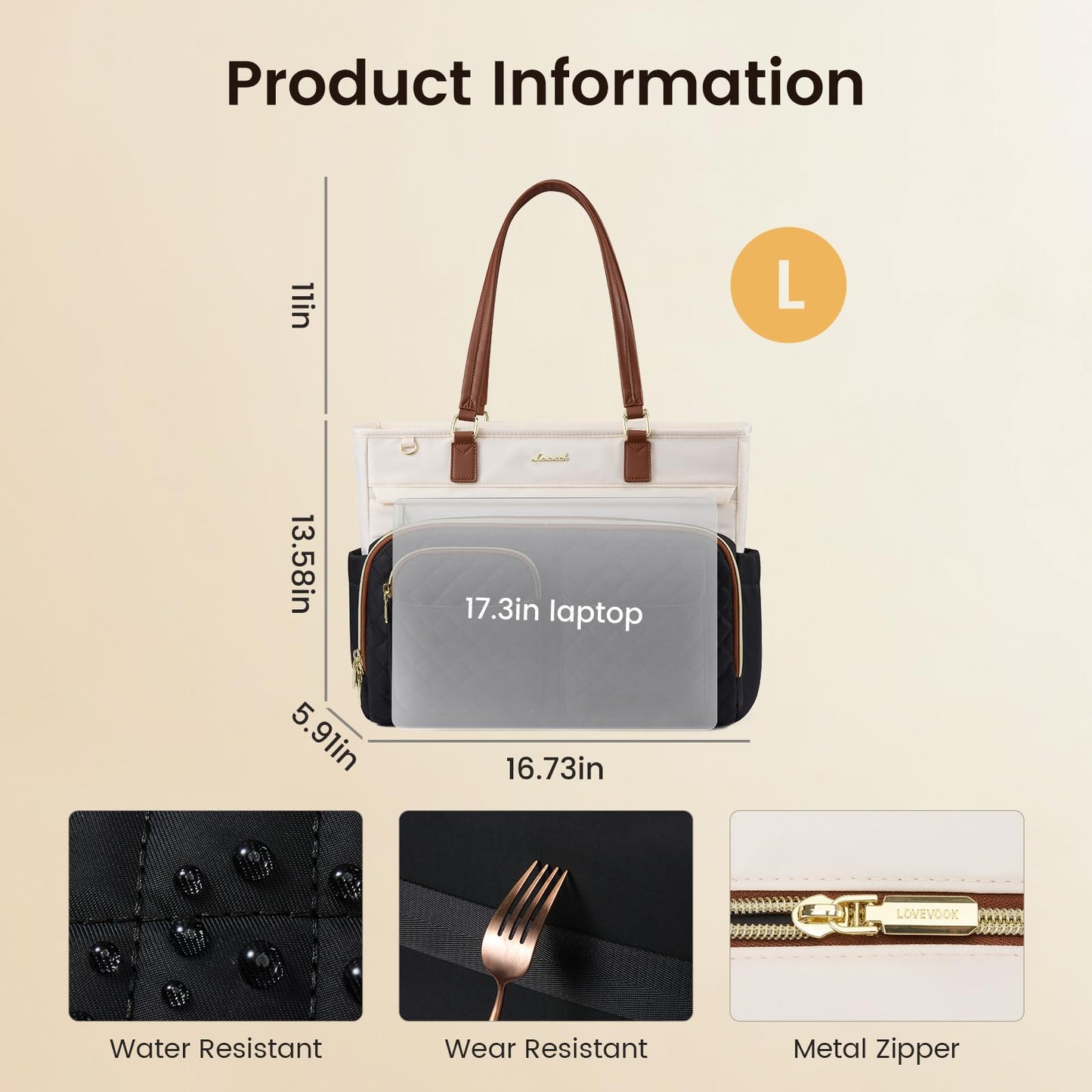 LOVEVOOK Tote Bag for Women, Work Bag with Large Cup Holder, Large Capacity Teacher Tote with Multi Pockets, Water Resistant Nurse Diaper Tote Fit 17.3 Inch Laptop, 17.3 Inch Black Beige Brown