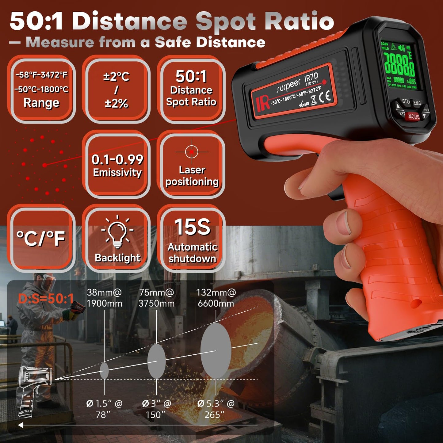 Surpeer -58℉~3272℉ Infrared Thermometer IR Gun, High-Temp Digital Temperature Gun, 50:1 Non-Contact Pyrometer for Kiln, Forge, Furnace, Engine, HVAC & Industrial Applications