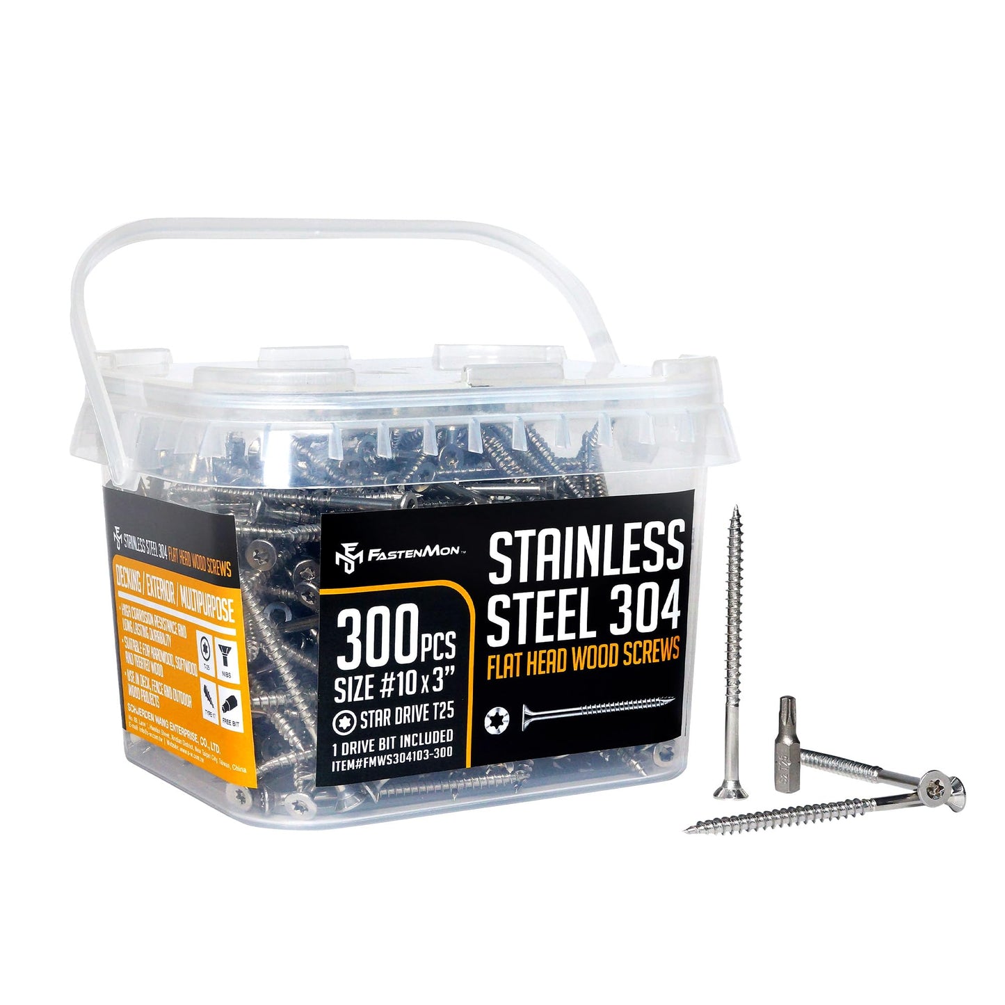 FM FastenMon #10x3 Stainless Steel Deck Screws, 304 Grade, 300 PCS, T25 Star Drive Bit, Ideal for Outdoor Wood Projects, Fences, Benches, Picnic Tables, and Decks, Bulk Box