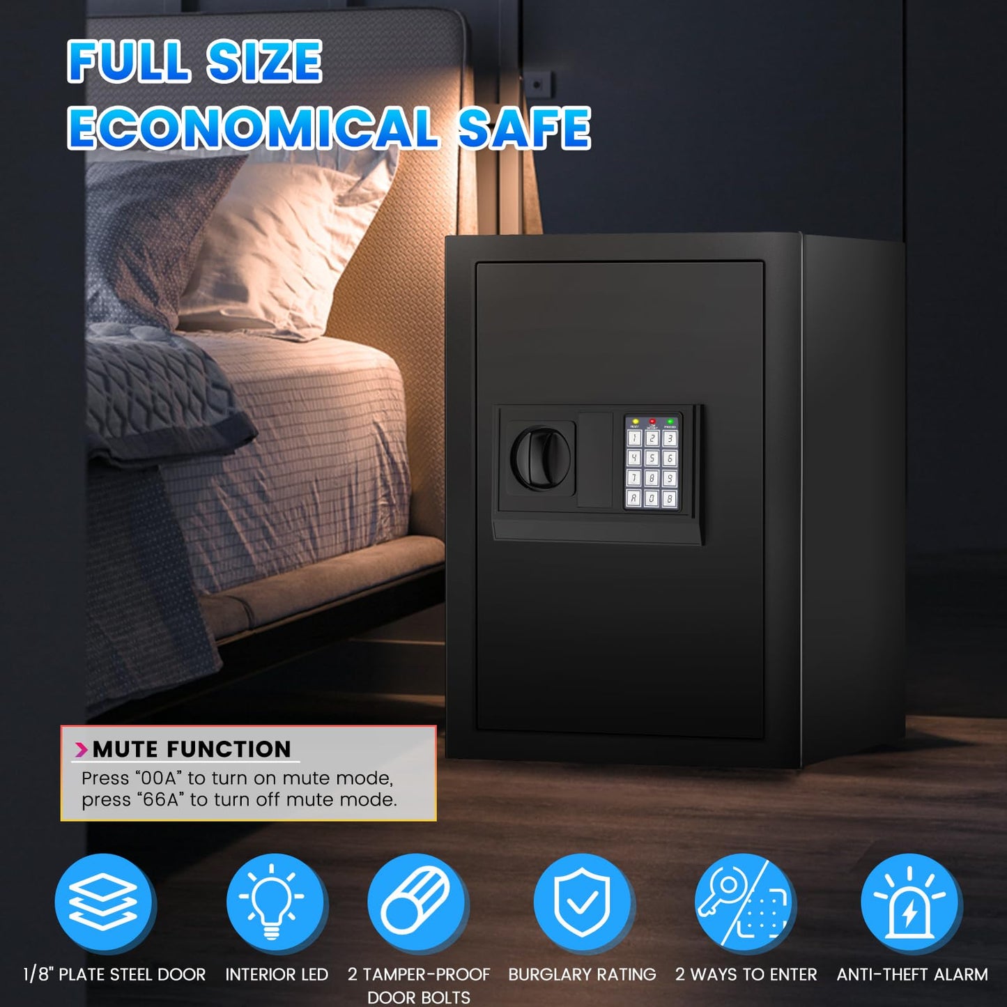 3.3 Cuft Safe Box, Home Safe with Fireproof Waterproof Bag, Anti-Theft Digital Security Lock Box with Smart Alert System, Removable Shelf, Mute Function, Personal Document Safes for Money Jewelry