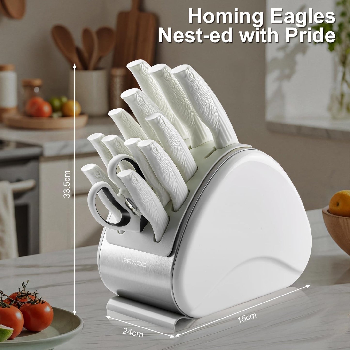 RAXCO 12-Piece Kitchen Knife Set with Block, White