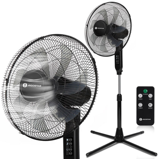Aigostar 7-Blade Pedestal Fan Oscillating with Remote, 16" Standing Fan for Bedroom, 9H Timer, 3 Speeds, 3 Modes, Adjustable Height and Tilt, Floor Fan for Living Room, Kitchen, Home, and Office