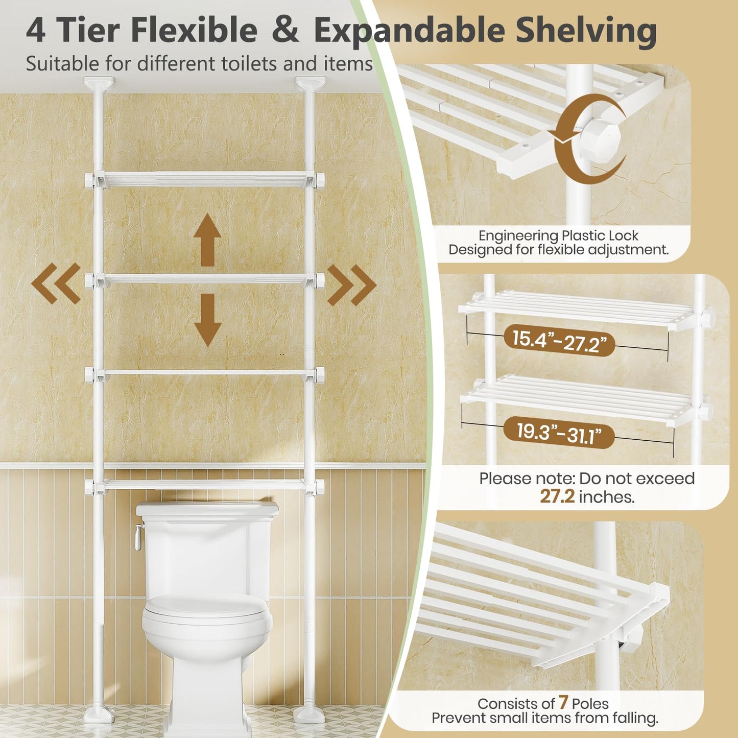 Bonpally Over The Toilet Storage Shelf, 4-Tier Adjustable Bathroom Organizer, No Drill Tension Mounted Shelves Metal, Space-Saving Bathroom Cabinet Rack Above Toilet for Small Bathroom Rooms, White